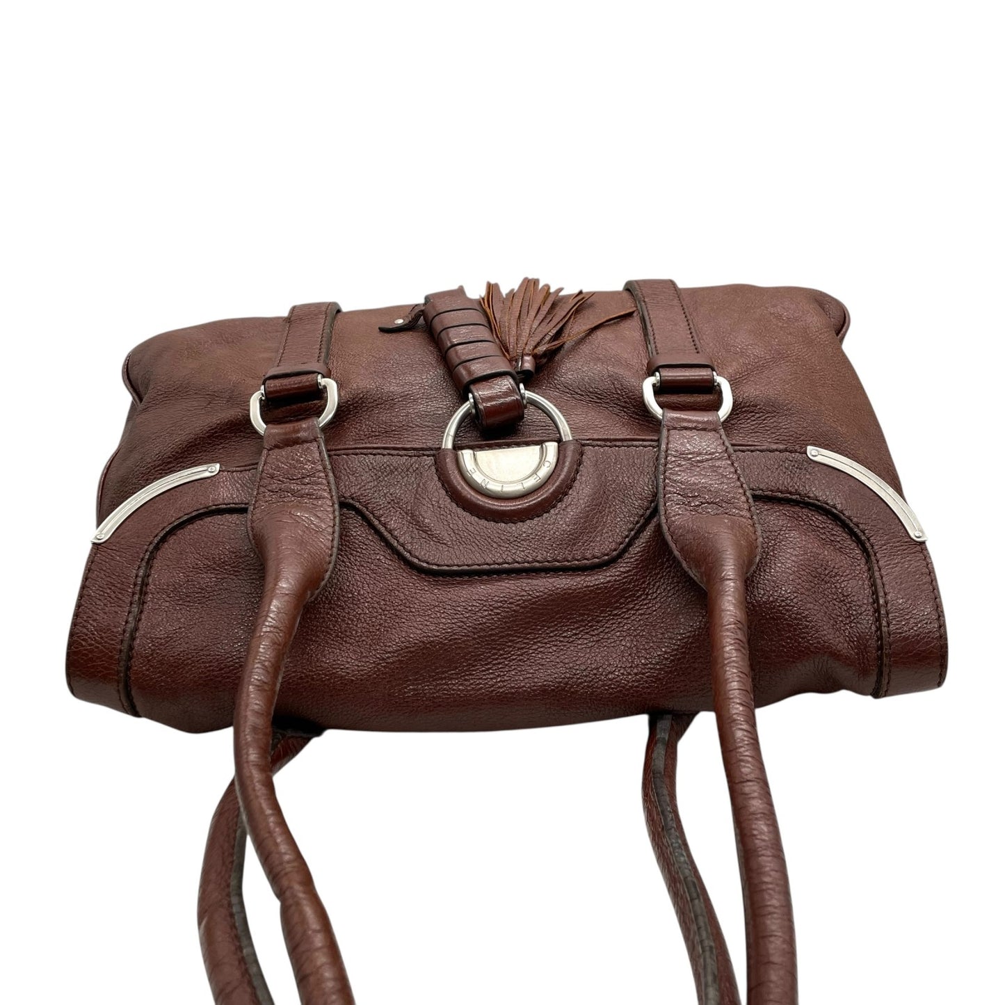セリーヌ CELINE トートバッグ ハンドバッグ ロングハンドル フラップ 茶色 ダークブラウン レザー タッセル付き シルバー金具 K8