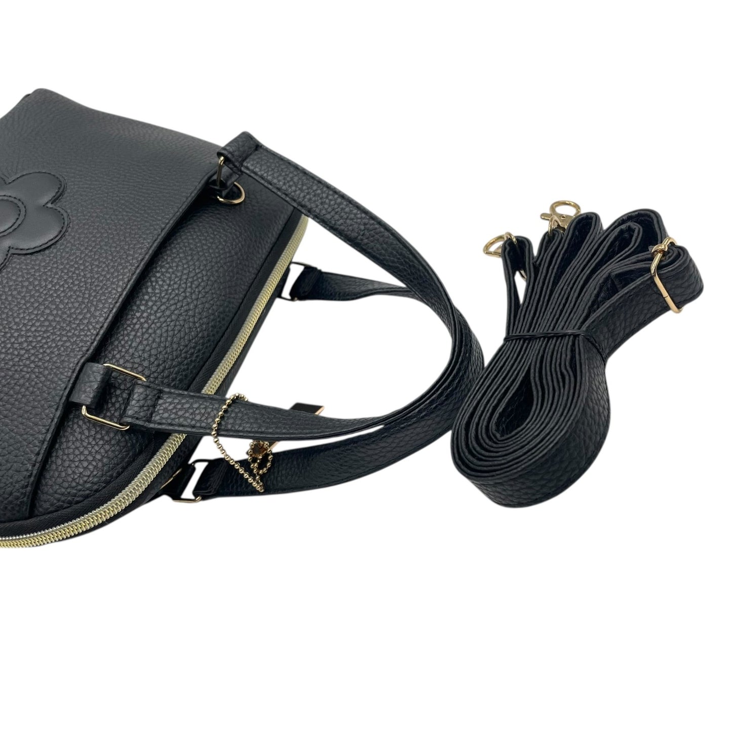 マリークヮント MARY QUANT 2WAY ハンドバッグ ショルダーバッグ 黒 ブラック レザー調 フラワー 花 モチーフ 金金具 ゴールド金具 チャーム付き T8