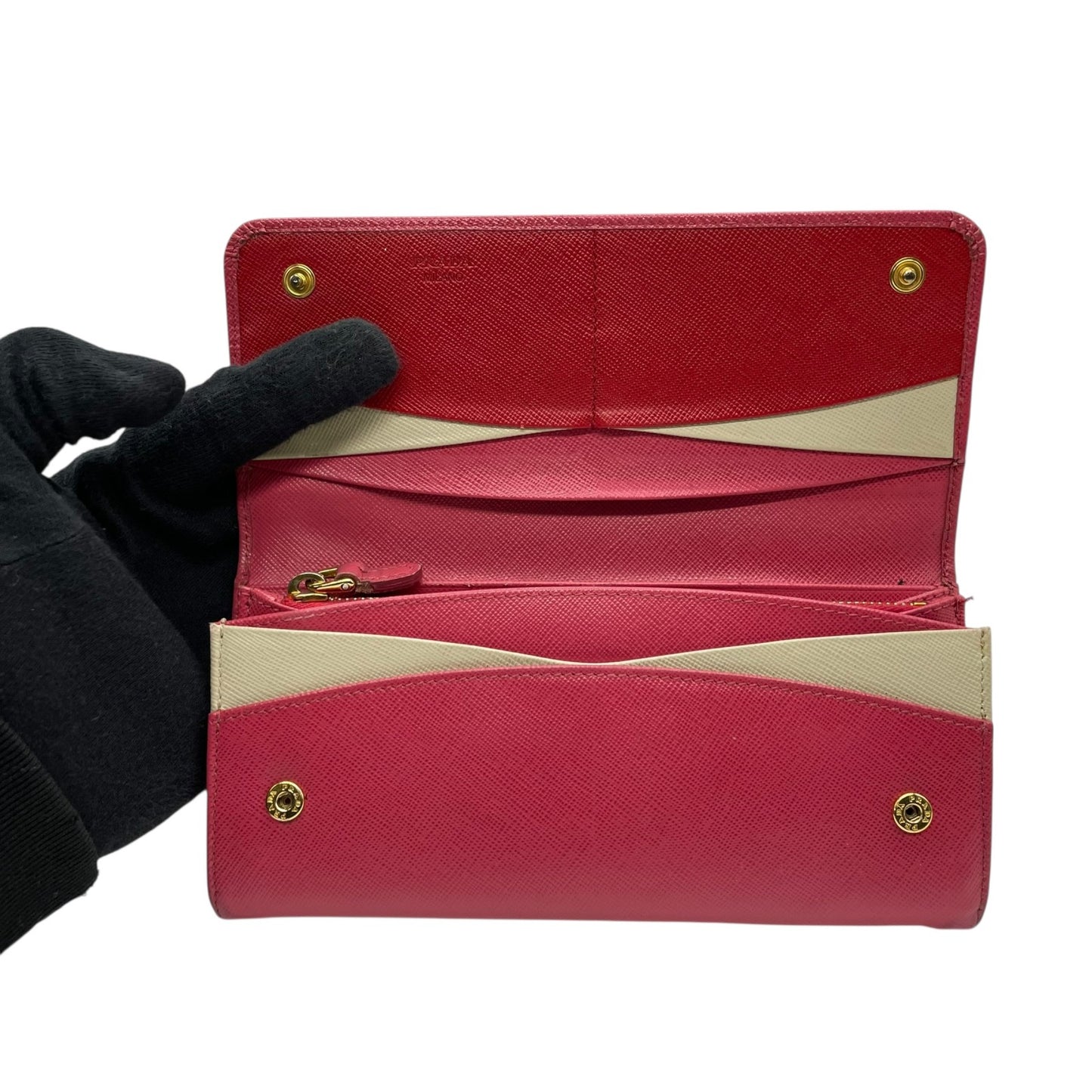 PRADA プラダ 長財布 ロングウォレット サフィアーノレザー フラップ ピンク バイカラー ゴールド金具 ロゴ レディース W3