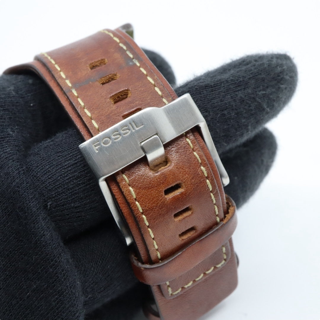 【美品/稼働品】フォッシル 腕時計 JR-9633 アナデジ ウッド調文字盤 カフレザー ワイドベルト ブラウン シルバー メンズ クオーツ ヴィンテージ レトロ 個性的 デザインウォッチ ストリート カジュアル G9