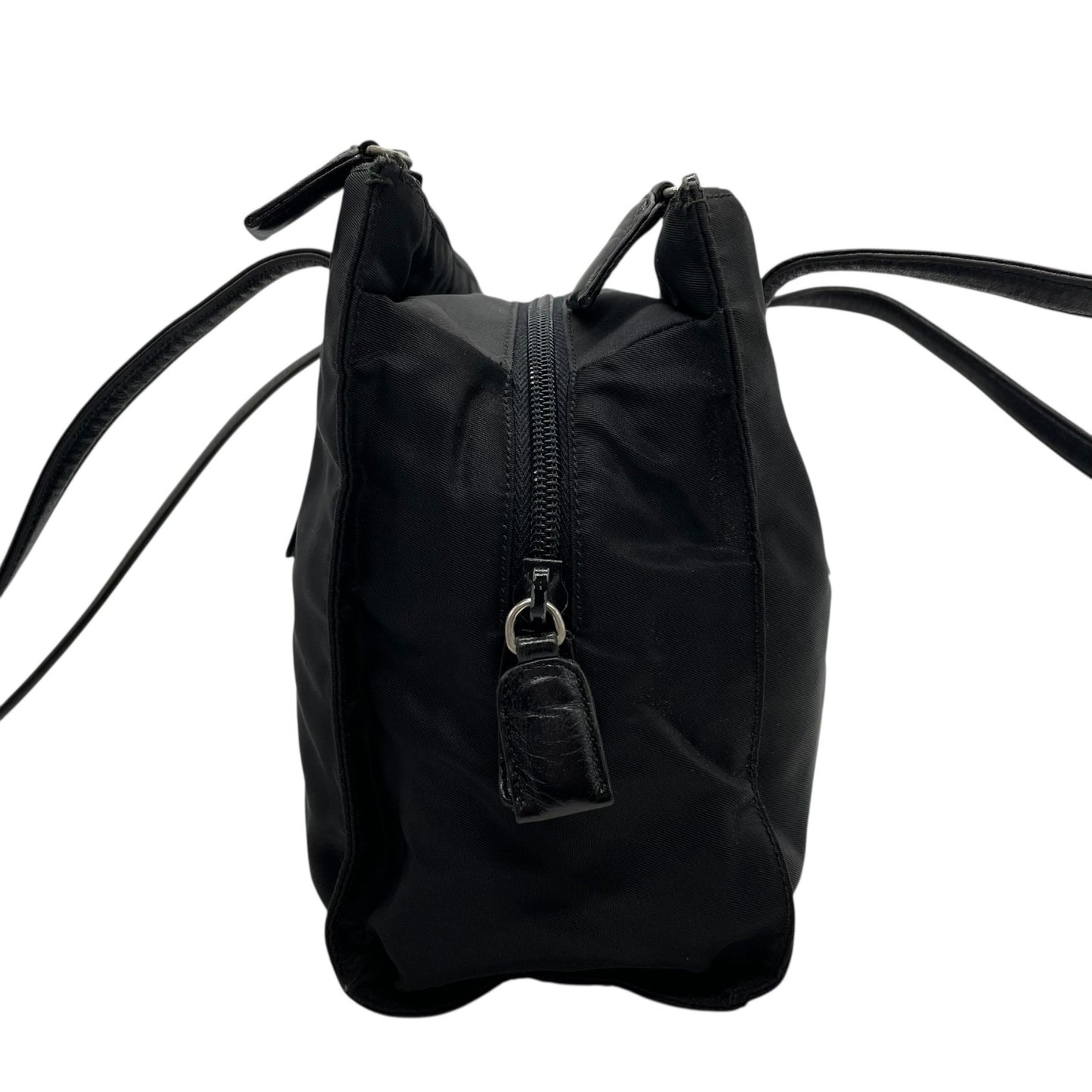 Authentic PRADA Tote Bag Black Nylon Shoulder Bag Triangle Logo Silver Hardware A4 Storage Zipper Women's Tessuto