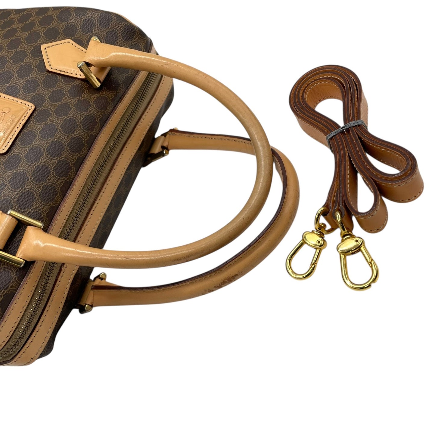 Authentic CELINE Trionf Monogram 2WAY Handbag Mini Boston Bag Shoulder Bag Leather Brown Gold Hardware Zipper Crossbody Women's