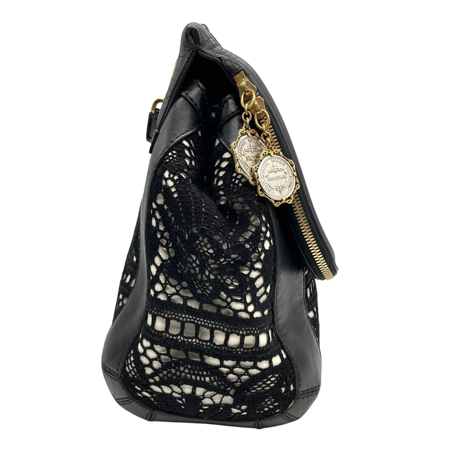 Authentic DOLCE&GABBANA Sicily Heritage 2WAY Handbag Tote Shoulder Bag Black White Ivory Lace Leather Gold Hardware Women's