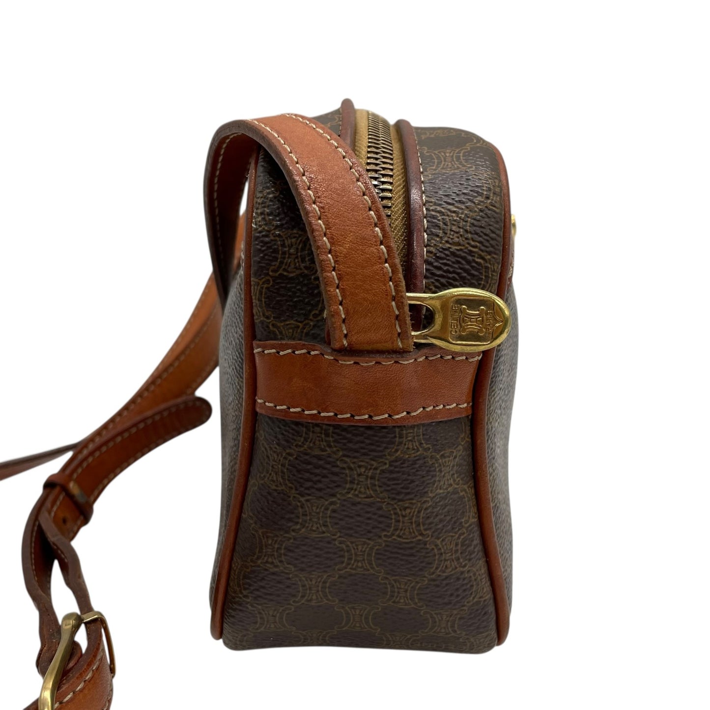 Authentic CELINE Vintage Macadam Shoulder Bag Trionf Camera Bag Brown PVC Leather Gold Hardware Women's Adjustable Strap Crossbody