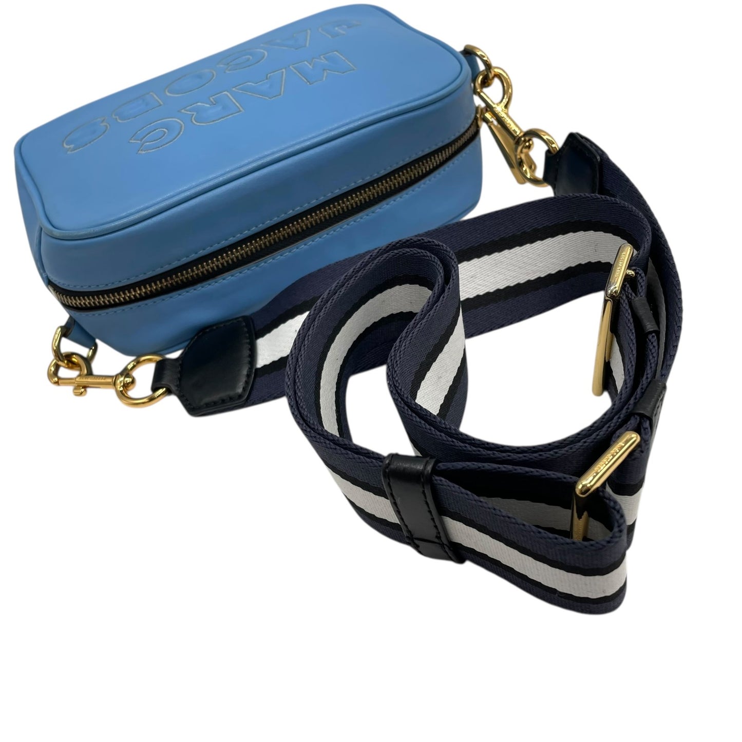 Authentic MARC JACOBS Flash Leather Crossbody Camera Bag Blue Leather Gold Hardware Women's Logo