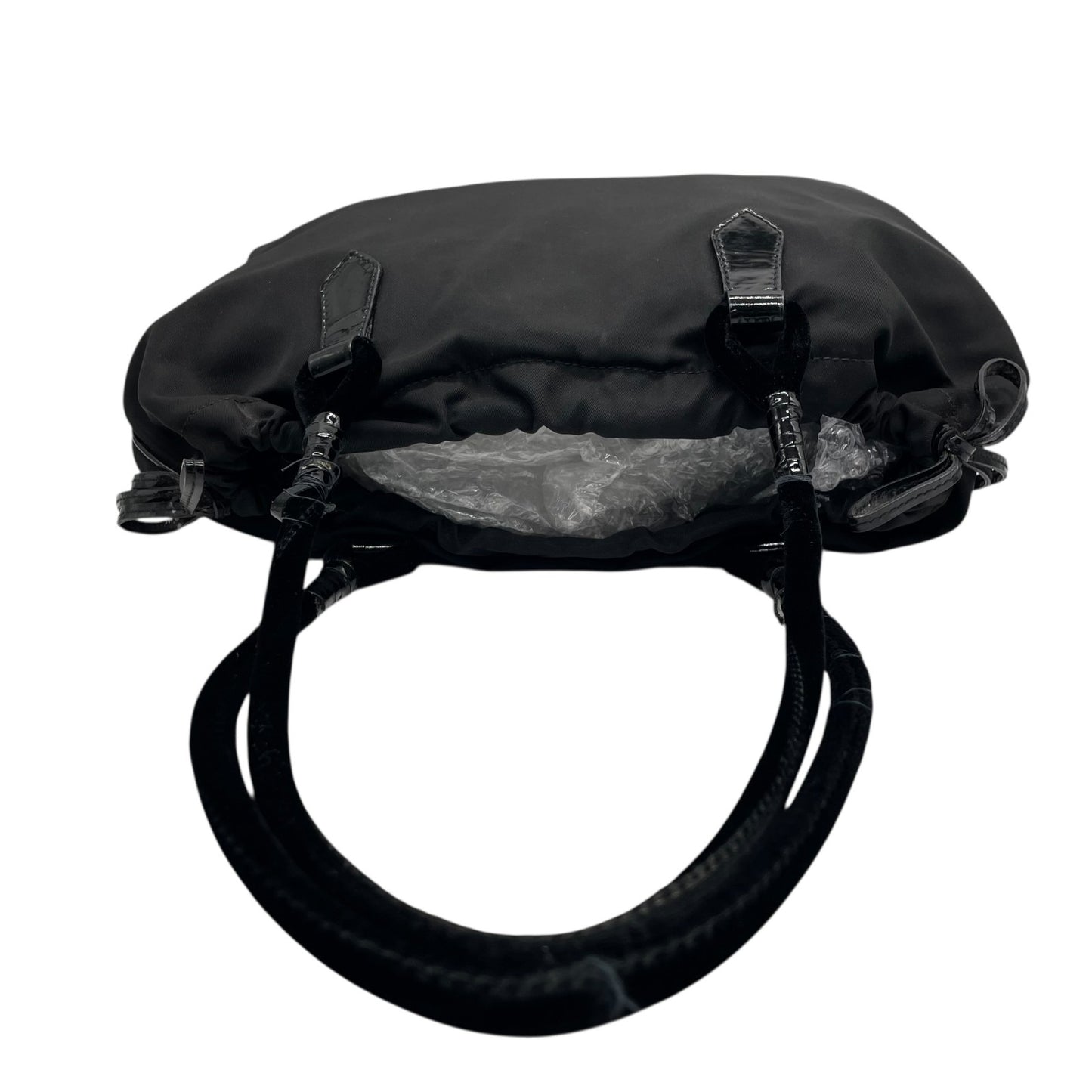 Authentic PRADA Black Handbag Tote Triangular Logo Plate Nylon Patent Leather Silver Hardware Shoulder Bag Men's Women's