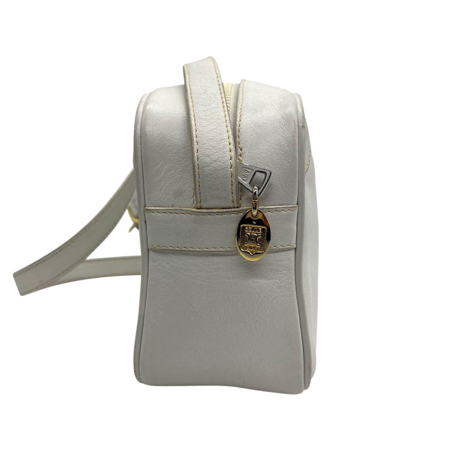 Authentic CELINE White Leather Shoulder Bag Trionf Camera Bag Gold Hardware Vintage Women's