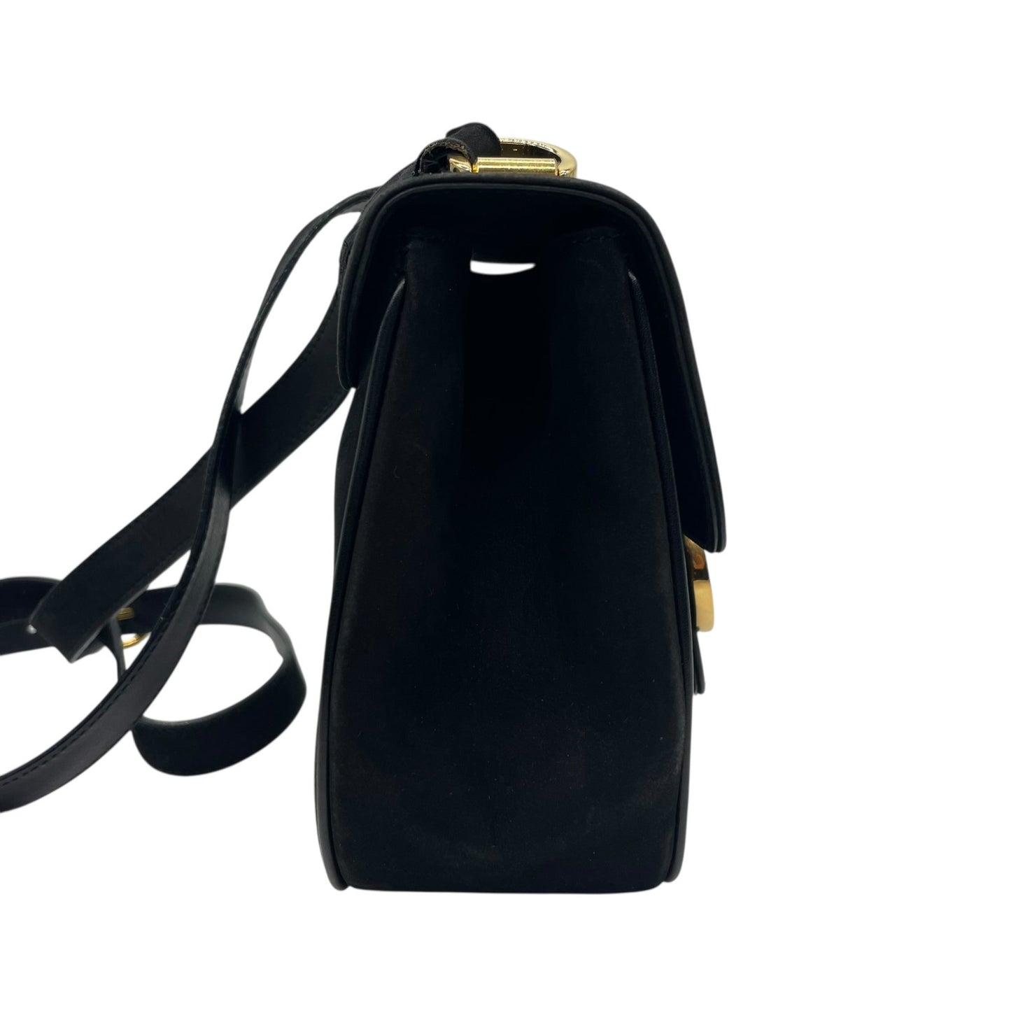 美品 Salvatore Ferragamo フェラガモ ガンチーニ ショルダーバッグ 黒 ブラック AB-21 スエード ゴールド金具 斜め掛け可 ポシェット ミニバッグ レディース フラップ開閉 ヴィンテージ D5