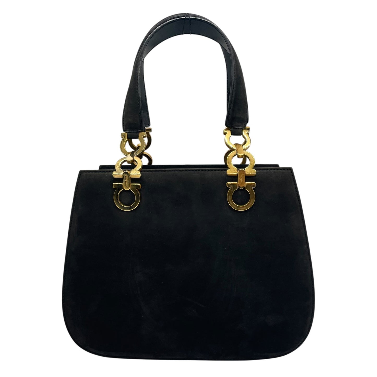 美品 Salvatore Ferragamo フェラガモ ガンチーニ 2WAY ハンドバッグ ショルダーバッグ 黒 ブラック AQ21 ゴールド金具 スエード レディース ヴィンテージ品 E