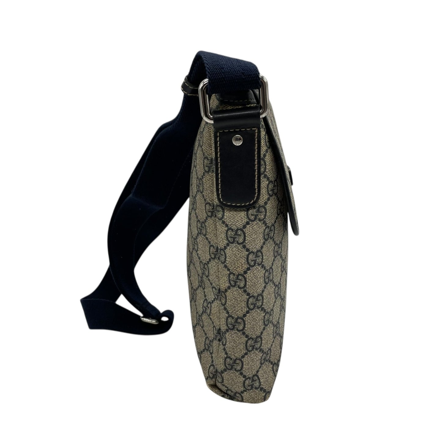 GUCCI グッチ GGスプリーム ショルダーバッグ 223666 紺 ネイビー グレー PVC レザー シルバー金具 斜め掛け可 フラップ開閉 メンズ レディース K2