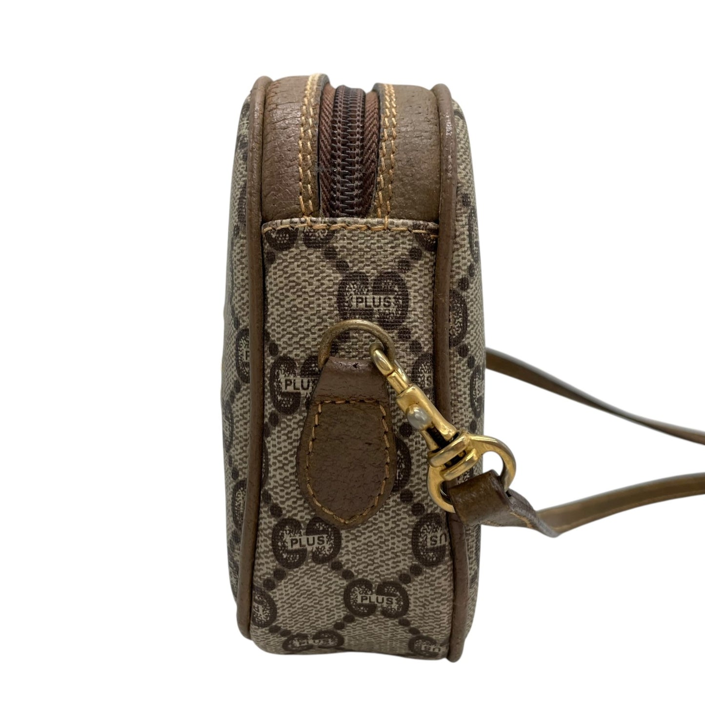 美品 GUCCI オールドグッチ GGプラス ショルダーバッグ PVC レザー グレー ブラウン ゴールド金具 ロゴ 斜め掛け可 カメラバッグ GGスプリーム ヴィンテージ レディース C3