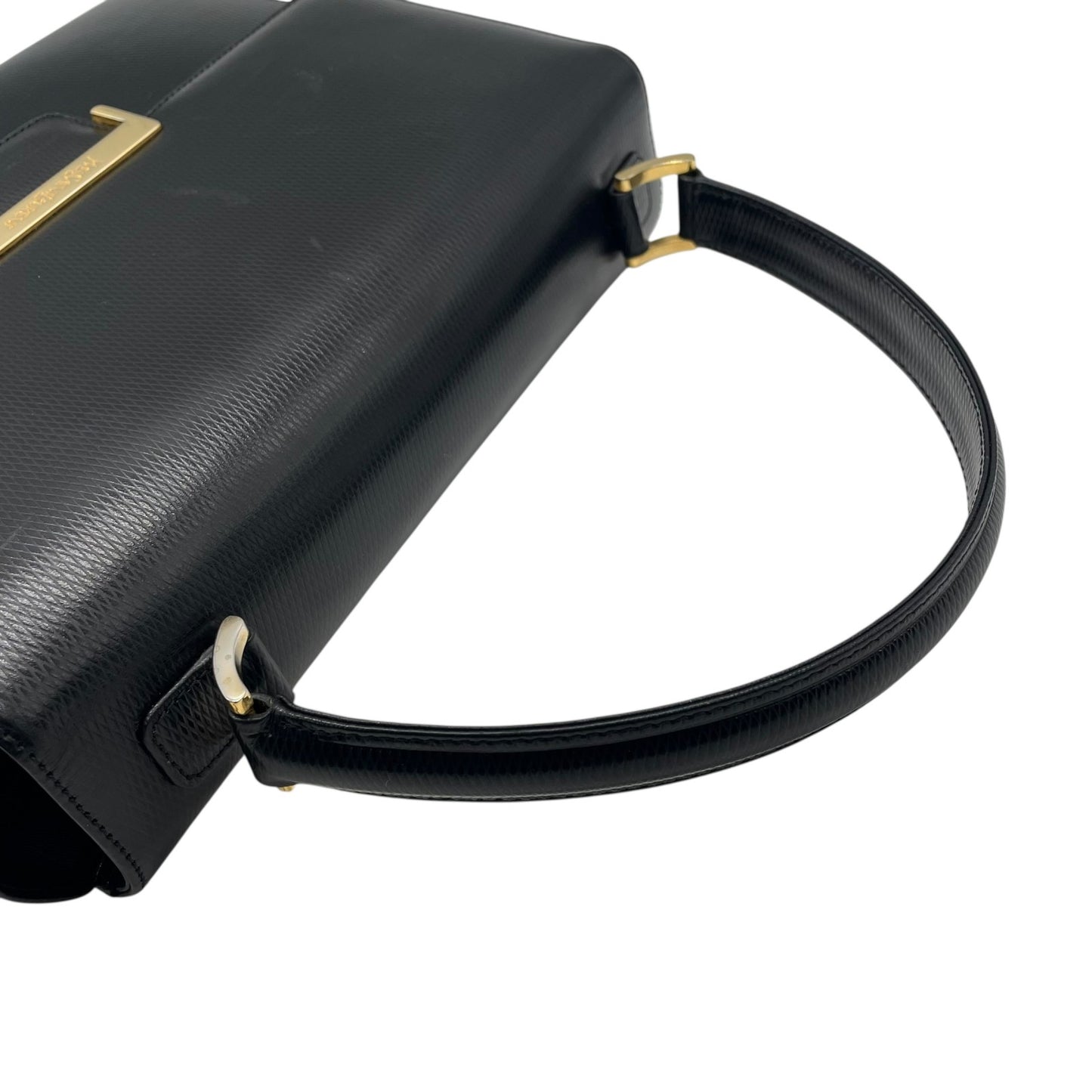 美品 Yves Saint Laurent イヴサンローラン ハンドバッグ 黒 ブラック レザー 本革 ゴールド金具 トップハンドル フラップ開閉 手提げ ロゴ フォーマル レディース ヴィンテージ A
