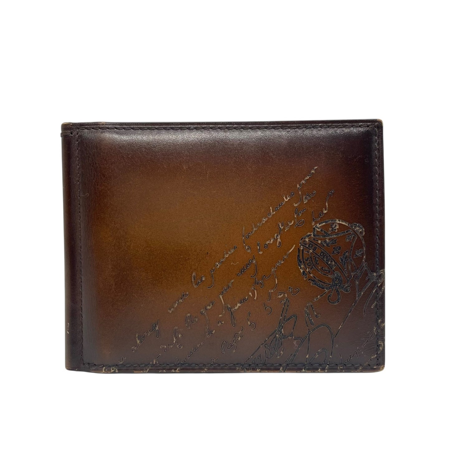 美品 BERLUTI ベルルッティ カリグラフィ マネークリップ 二つ折り フィギュア スクリットレザー コンパクトウォレット 茶 カカオ ブラウン メンズ スタンプ付き W2