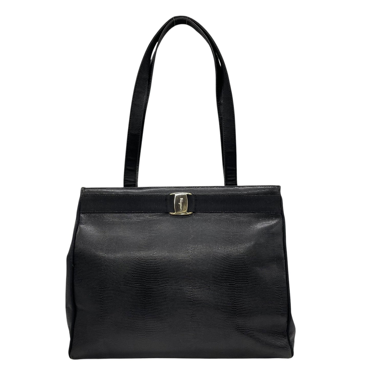 Salvatore Ferragamo フェラガモ ヴァラリボン トートバッグ ワンショルダー レザー トカゲ型押し 黒 ブラック ゴールド金具 肩掛け可 サルヴァトーレフェラガモ レディース D
