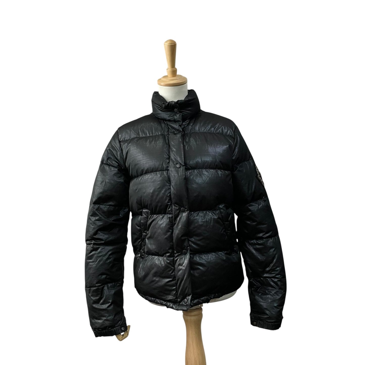 MONCLER モンクレール ダウンジャケット グレー 黒 ブラック スワロフスキー ビーズ 立体ワッペン 茶タグ ナイロン サイズ0 メンズ レディース CT