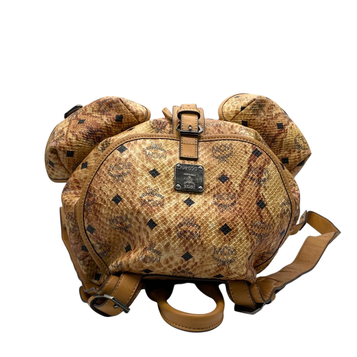 希少 MCM エムシーエム ヴィセトス ロゴグラム リュックサック バックパック 型押し スタッズ ダブルポケット 茶 ブラウン コニャック レザー ブラック金具 レディース R