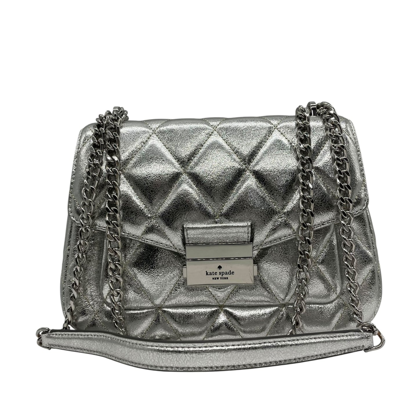 美品 kate spade ケイトスペード キャリー メタリック キルテッド レザー スモール フラップ ショルダーバッグ シルバー チェーンショルダー レディース E5