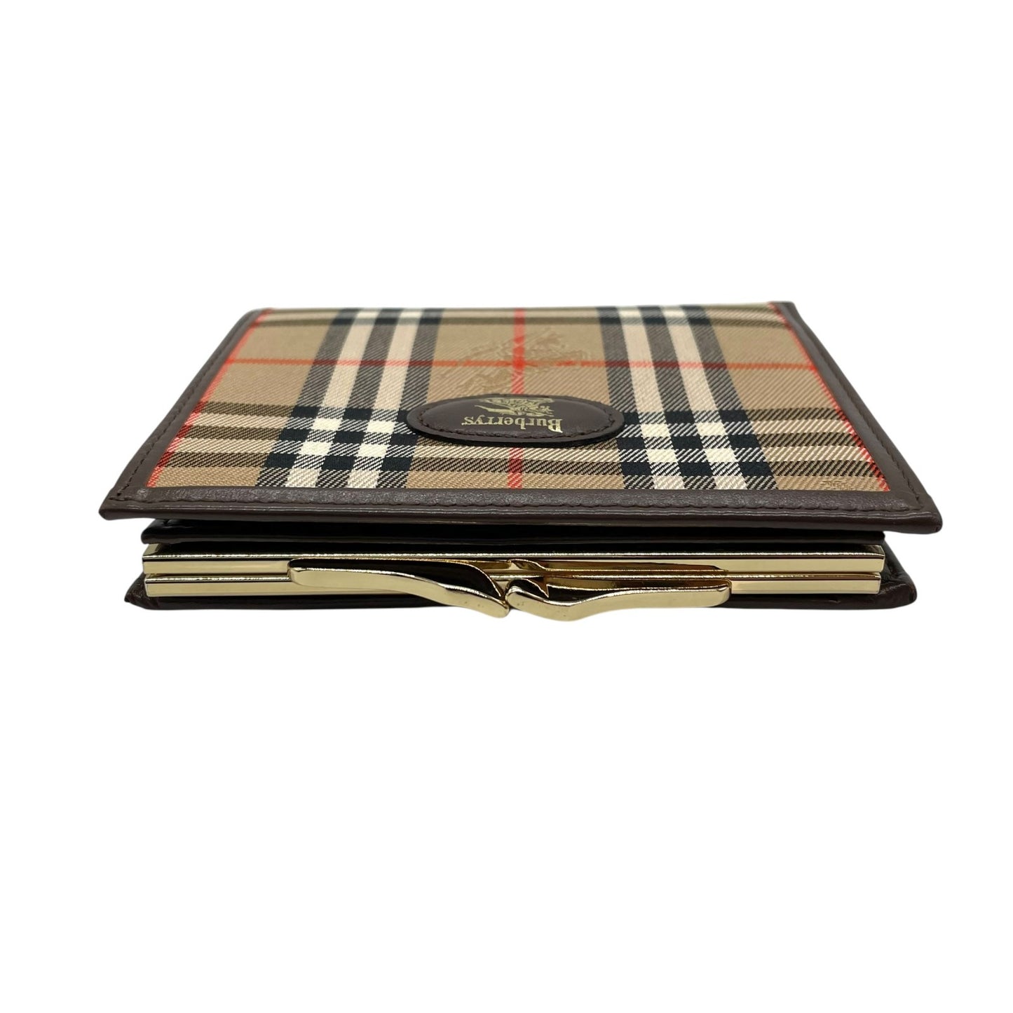 未使用級 Burberry バーバリー ノバチェック シャドーホース 二つ折り財布 がま口 ブラウン ベージュ キャンバス レザー ゴールド金具 ホースロゴ レディース ヴィンテージ M5