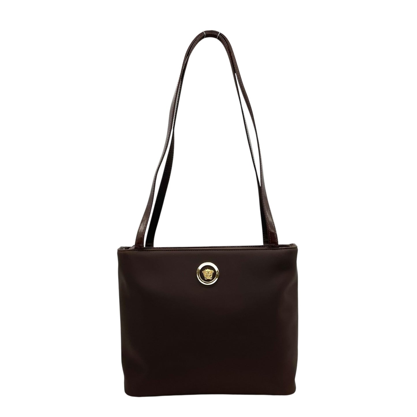 極美品 VERSACE ヴェルサーチェ トートバッグ メデューサ　ショルダーバッグ ナイロン パテントレザー 茶 ダークブラウン ゴールド金具 メデューサ 肩掛け可 レディース A