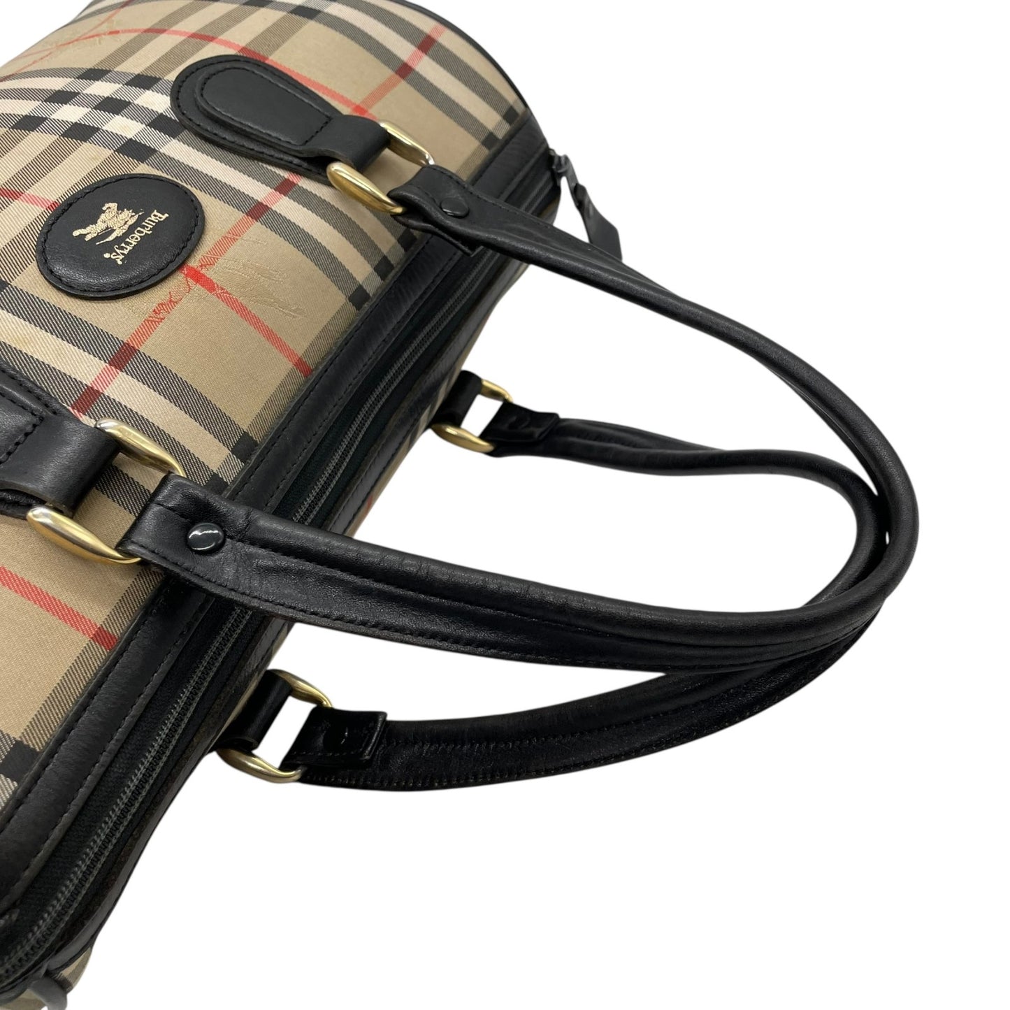 美品 Burberry バーバリー ノバチェック シャドーホース ミニボストン ハンドバッグ ベージュ ブラック キャンバス レザー ゴールド金具 ホースロゴ レディース ヴィンテージ E