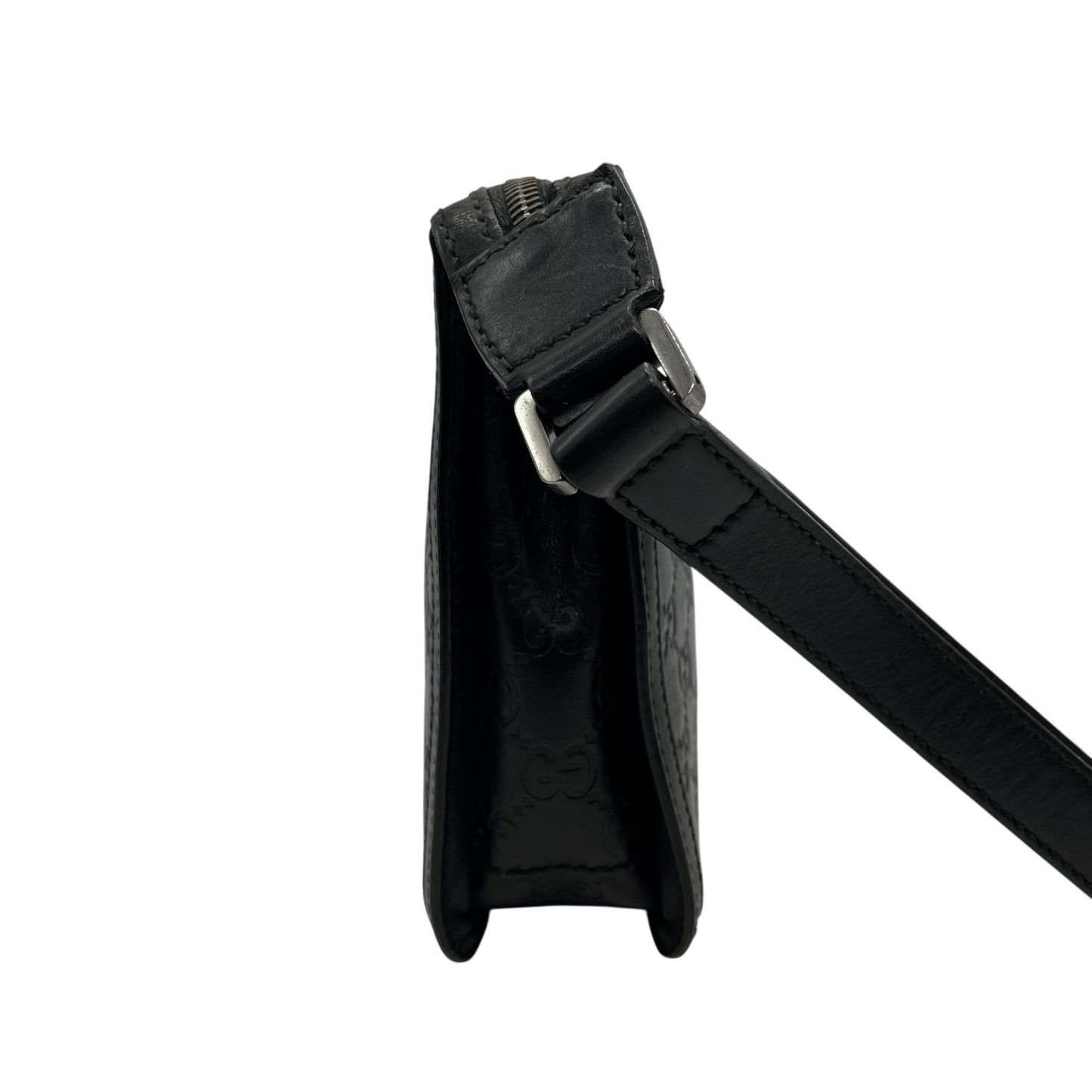 Authentic GUCCI Guccissima GG Clutch Bag Black Leather Silver Hardware With Strap