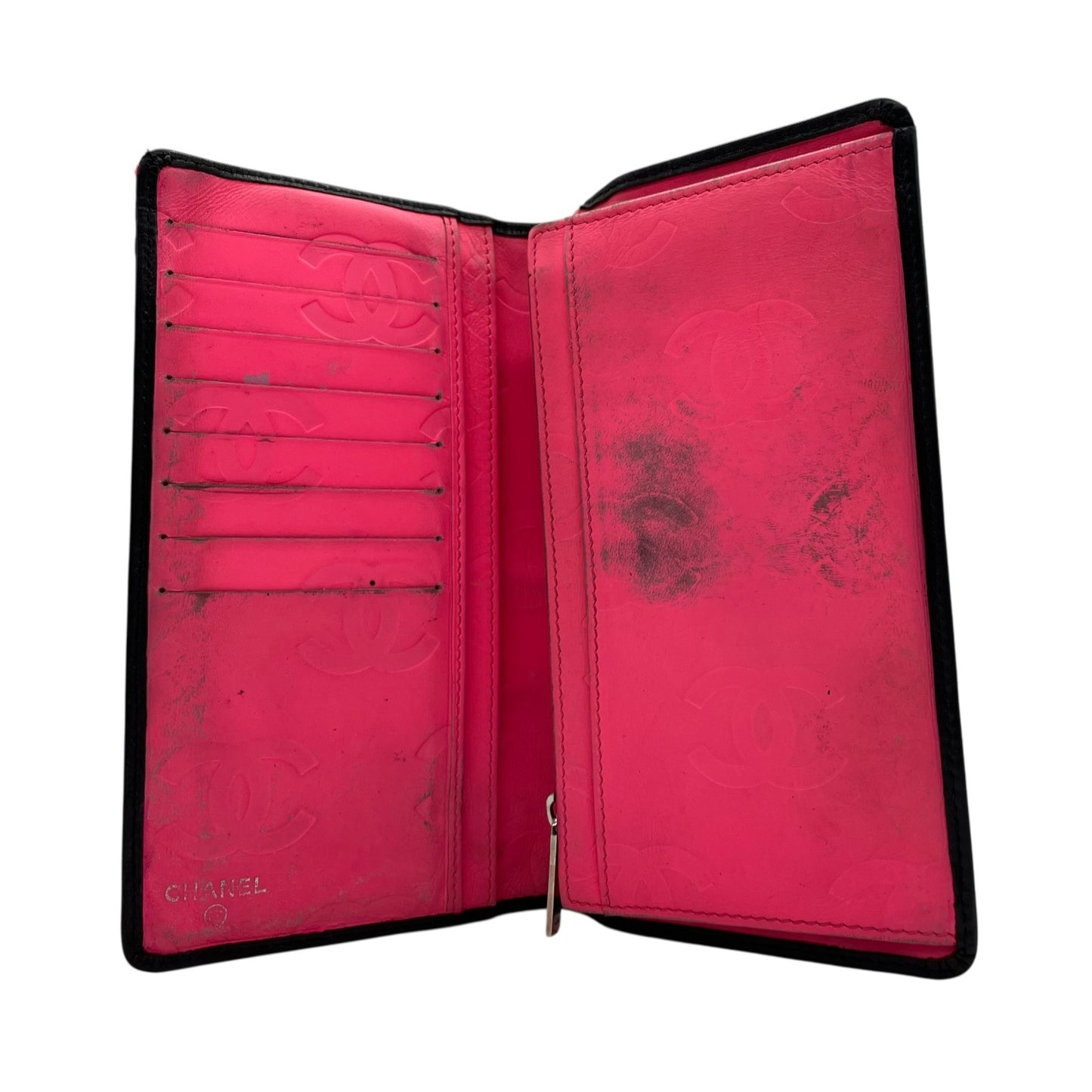 CHANEL シャネル カンボンライン ココマーク 二つ折り 長財布 黒 ブラック ピンク パテントレザー シルバー金具 レディース M5