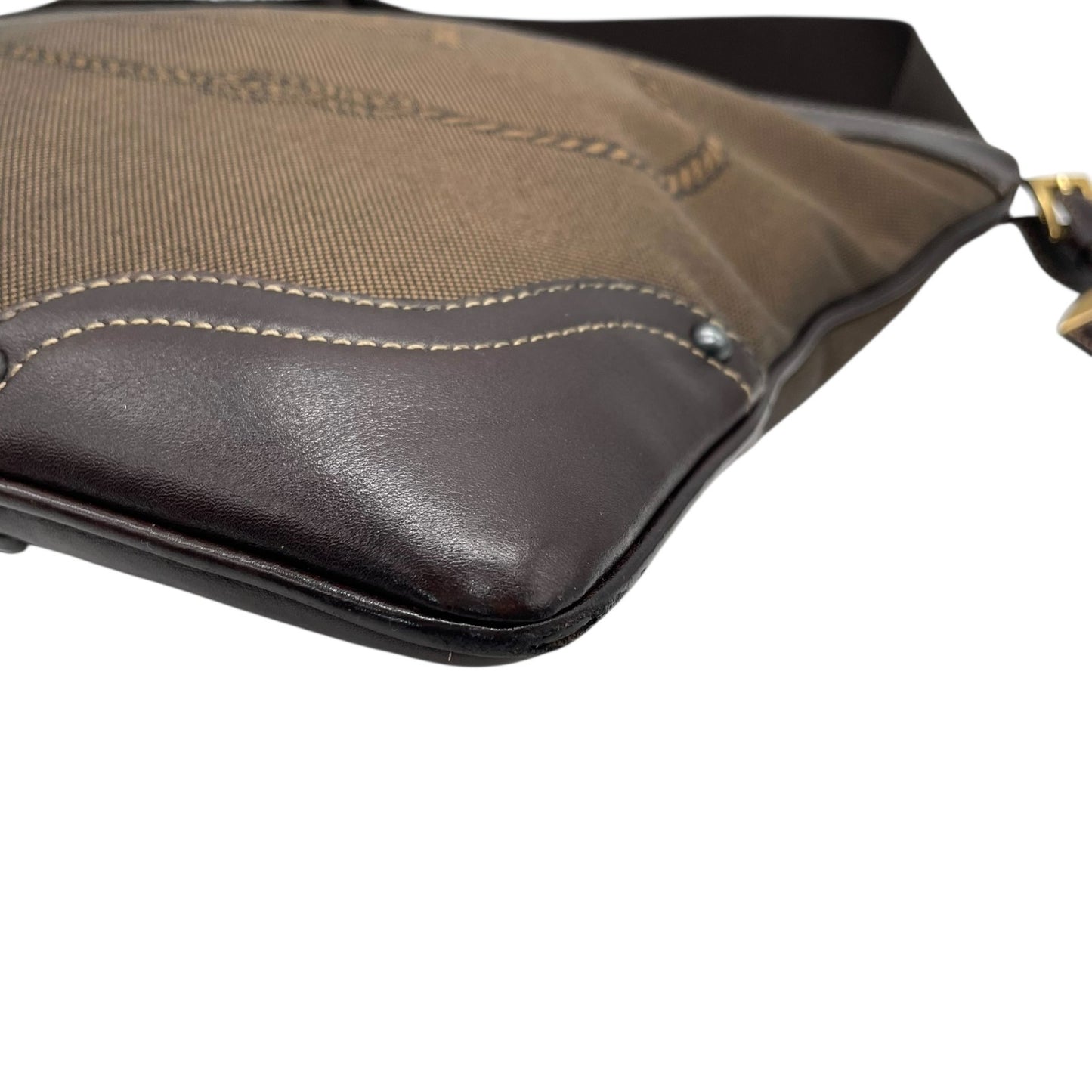 Authentic PRADA Logo Jacquard Large Logo Canvas Leather Shoulder Bag Brown Crossbody Women