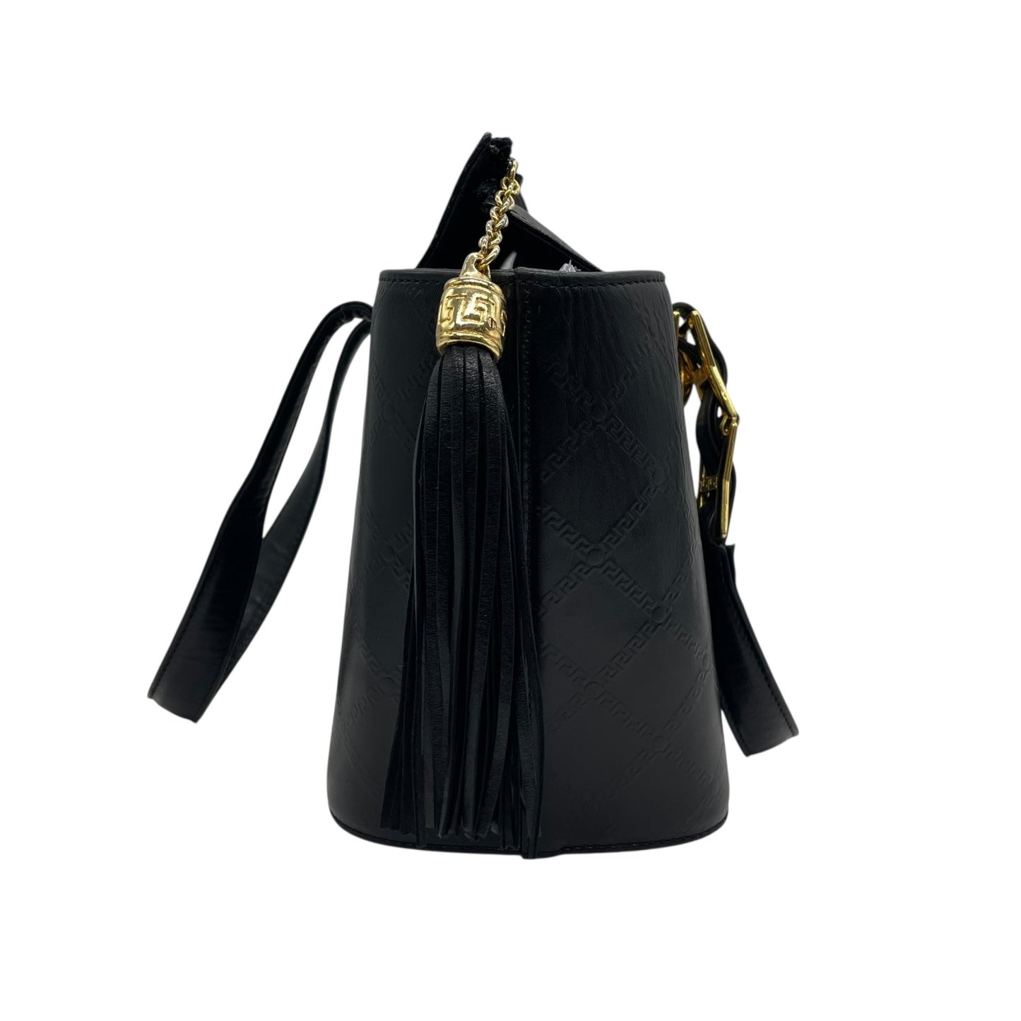 Authentic GIANNI VERSACE Vintage Mini Handbag Tote Black Leather Gold Hardware Fringe Tassel Women