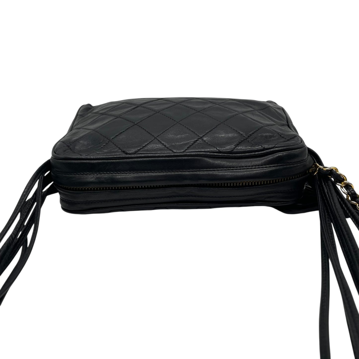 Authentic CHANEL Matelasse Fringe Shoulder Bag Black Leather Vintage Gold Crossbody