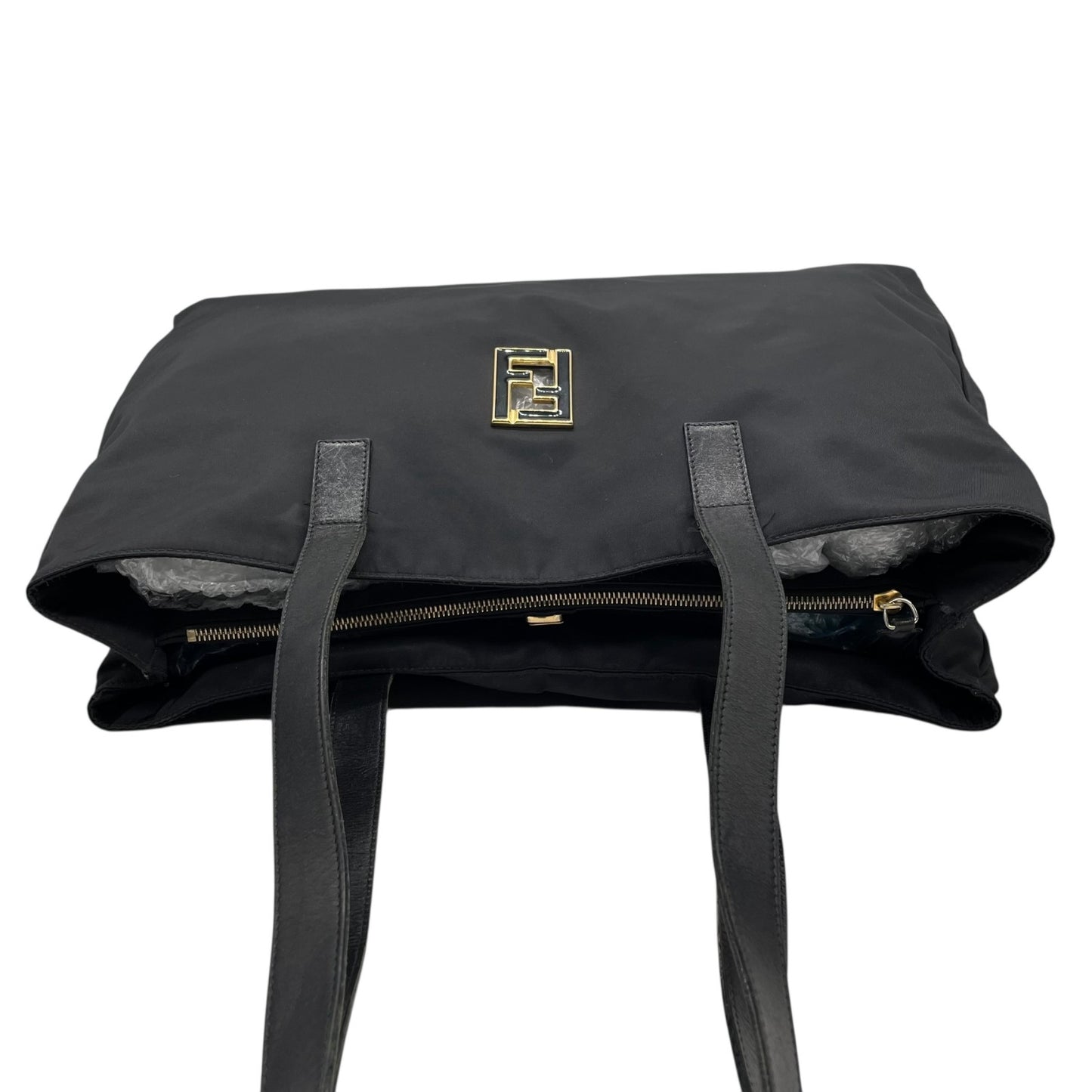 美品 FENDI フェンディ トートバッグ ワンショルダー FFロゴ 黒 ブラック ナイロン レザー ゴールド金具 肩掛け可 レディース シンプル ビジネス C1