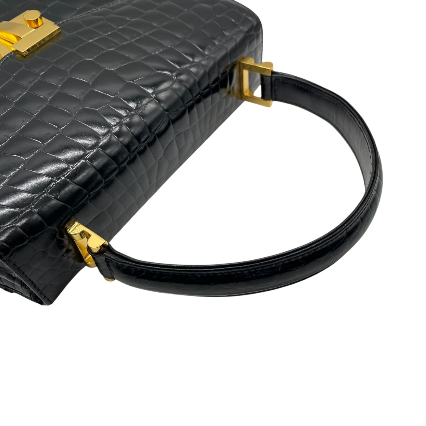 美品 TIFFANY＆Co. ティファニー ハンドバッグ 黒 ブラック レザー クロコ型押し ゴールド金具 手提げ トップハンドル フラップ開閉 レディース B