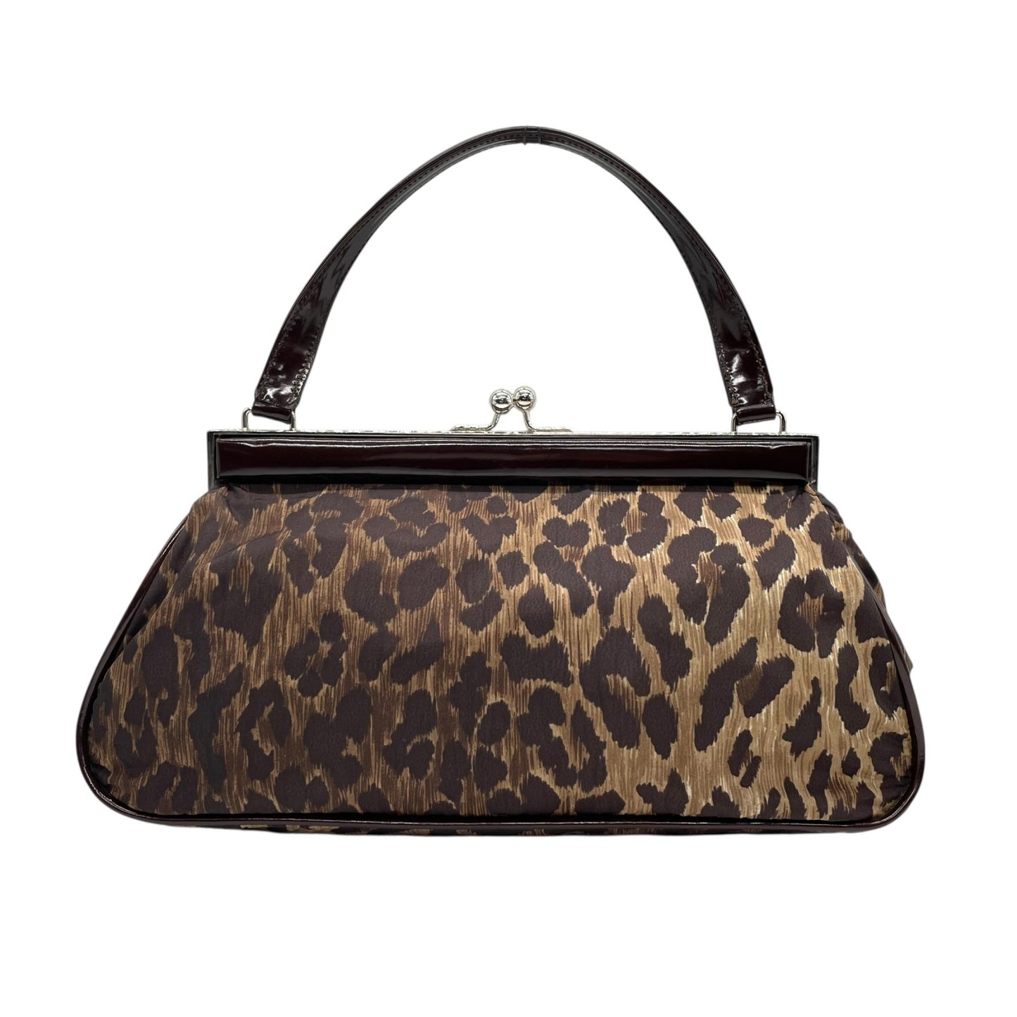 美品 DOLCE&GABBANA ドルチェ＆ガッパーナ ハンドバッグ レオパード ヒョウ柄 茶 ブラウン ナイロン パテントレザー シルバー金具 がま口 レディース C3