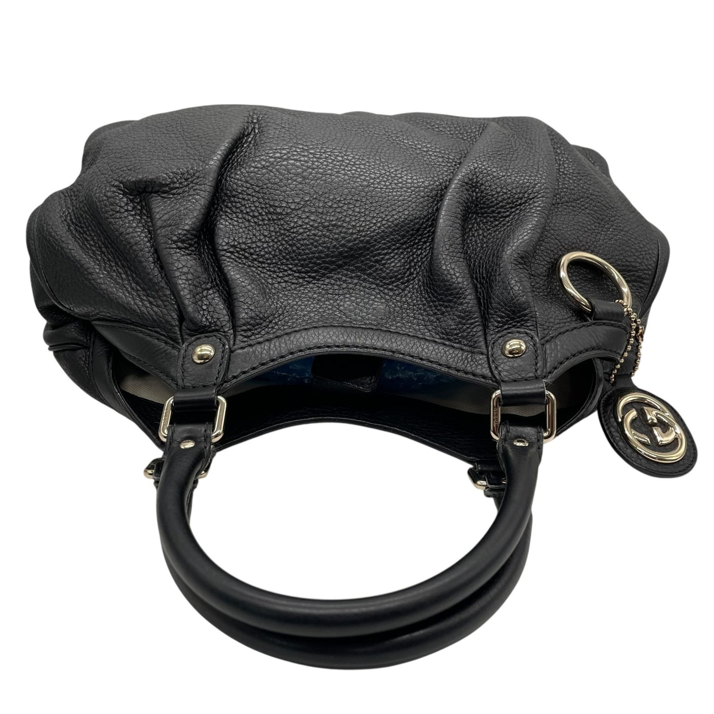 美品 GUCCI グッチ スーキー ハンドバッグ 黒 ブラック レザー シボ革 ゴールド金具 ギャザー インターロッキングG チャーム ヴィンテージ ホーボー レディース Z3