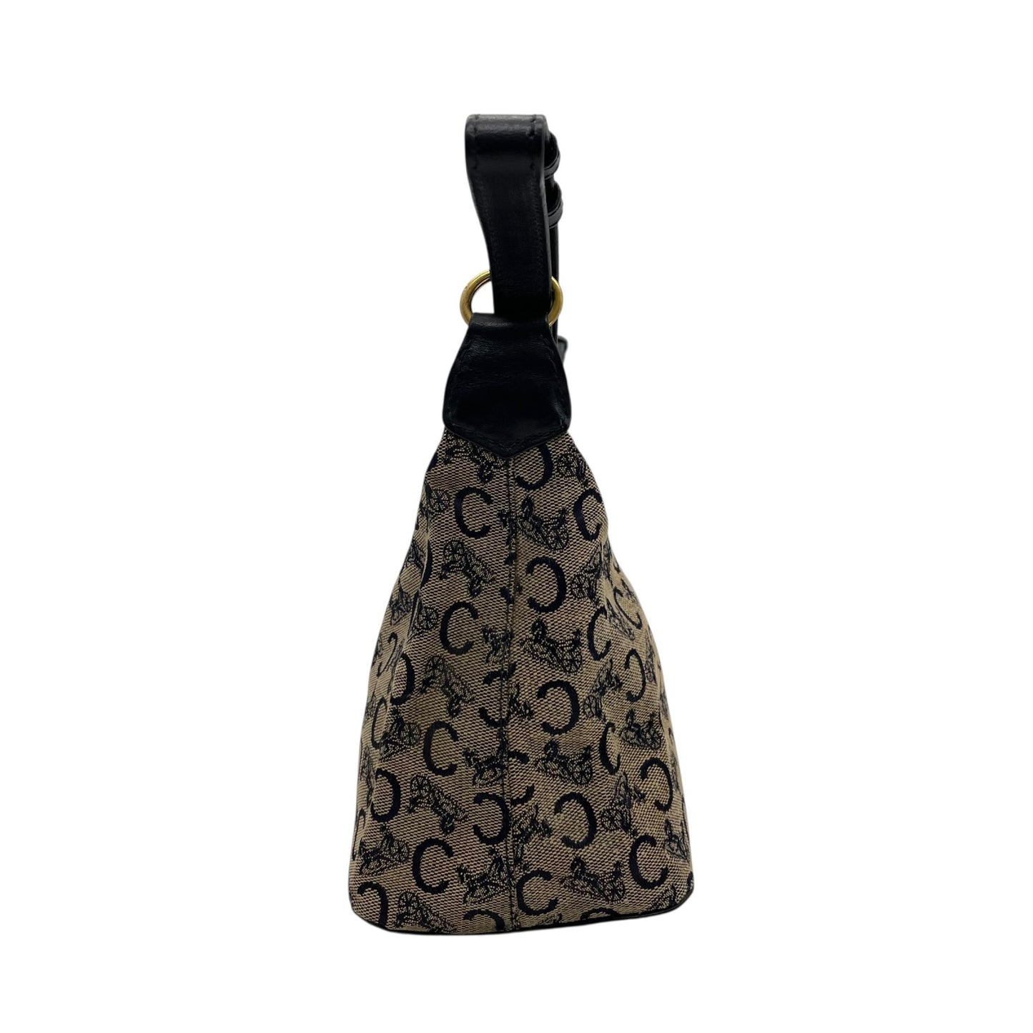 Authentic CELINE CMacadam Triomphe Canvas Leather Shoulder Bag Beige Black