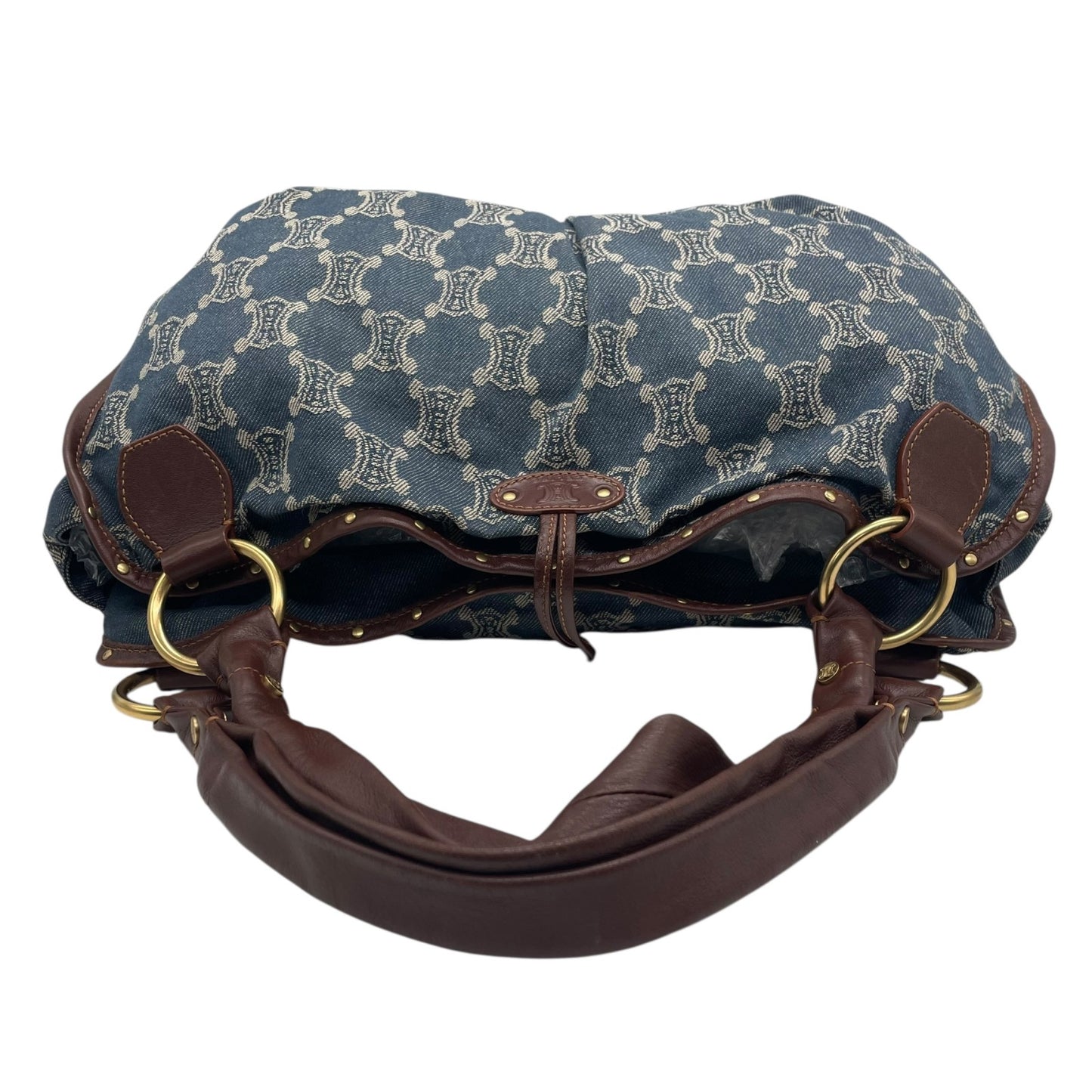 Authentic CELINE Pari Macadam Triomphe Denim Leather Handbag Brown Hardware