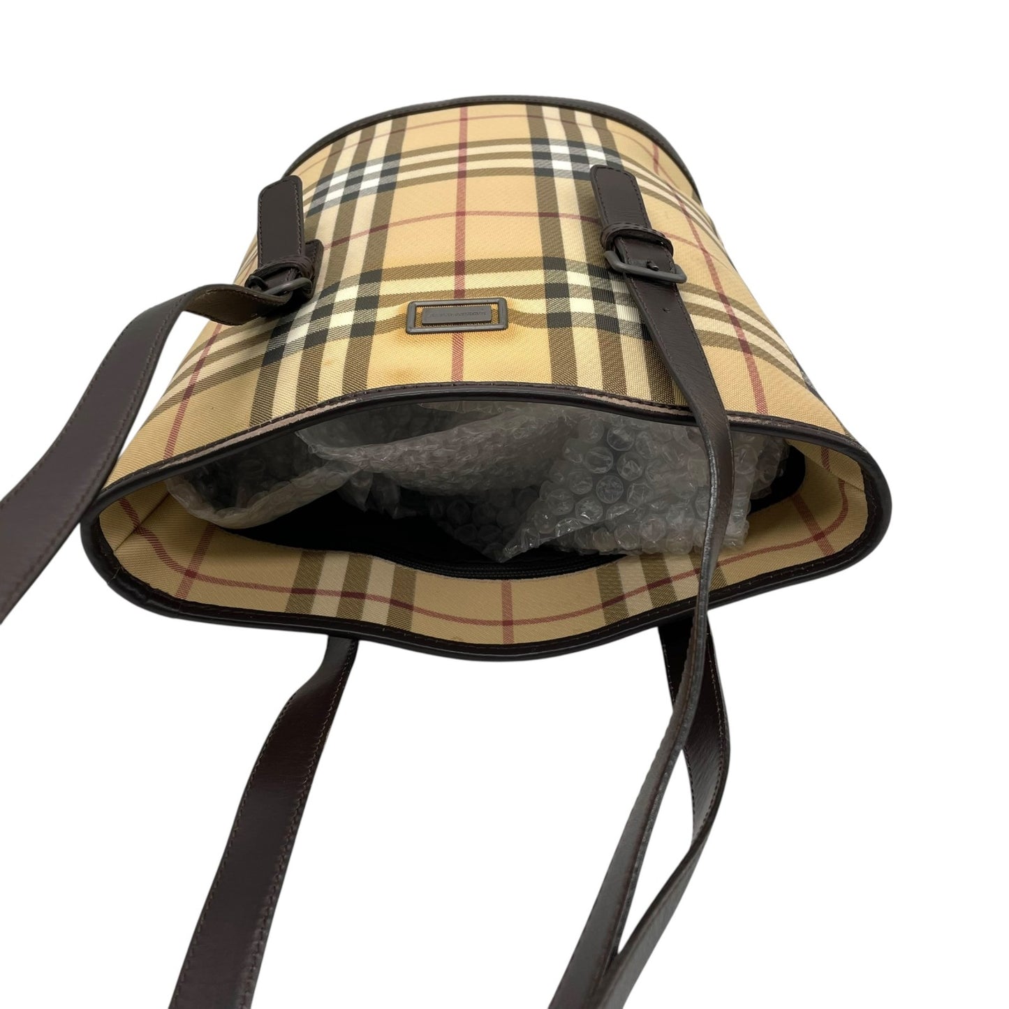 美品 BURBERRY バーバリー ノバチェック バケツ型 ショルダーバッグ トートバッグ PVC レザー ベージュ レッド ダークブラウン メンズ レディース 肩掛け C3