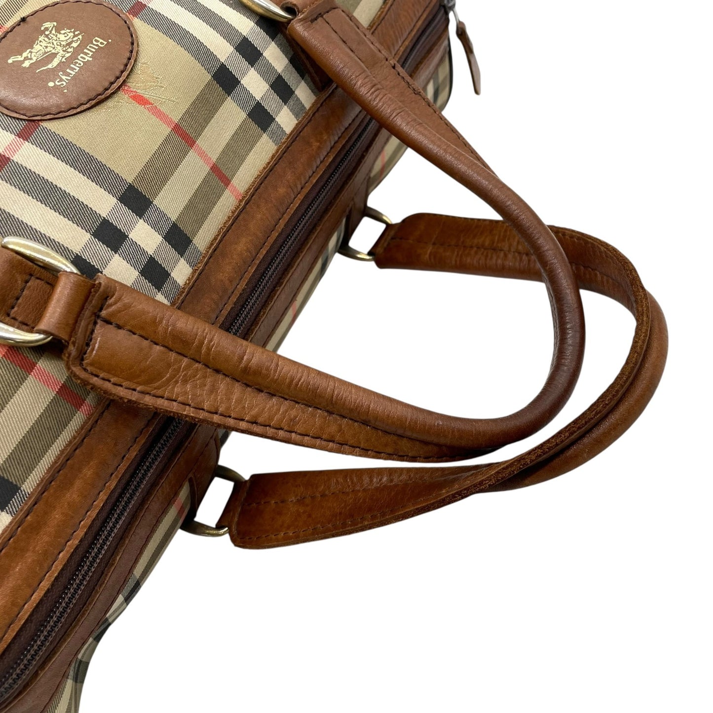 美品 BURBERRY バーバリー ボストンバッグ ノバチェック ホースロゴ シャドーホース ブラウン ベージュ キャンバス レザー ゴールド金具 メンズ レディース C