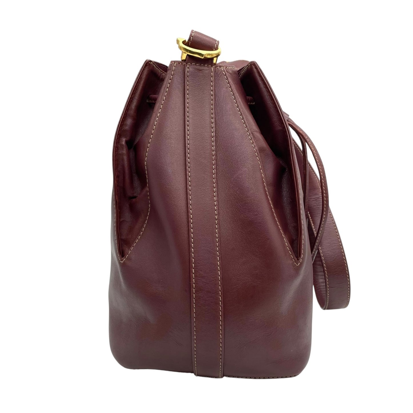 美品 Cartier カルティエ マストライン 巾着型 ショルダーバッグ 赤 ボルドー ワインレッド レザー ゴールド金具 ロゴ 2Cモチーフ 斜め掛け可 レディース ギャランティカード付き K12