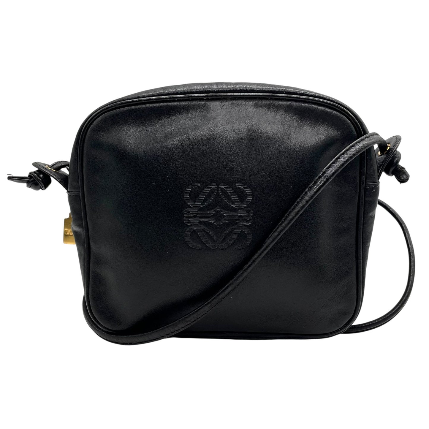 美品 LOEWE ロエベ ショルダーバッグ ミニバッグ コンパクト ポシェット アナグラム ロゴ 黒 ブラック レザー ゴールド金具 斜め掛け可 レディース ヴィンテージ D2