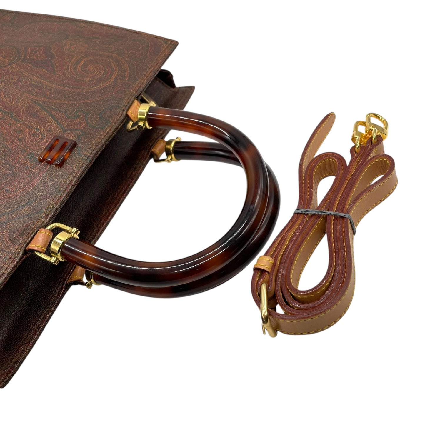 美品 エトロ ETRO ペイズリー柄 トートバッグ ハンドバッグ 2WAY ブラウン 茶色 ショルダー レザー ストラップ付き ヴィンテージ 高級 バッグ A