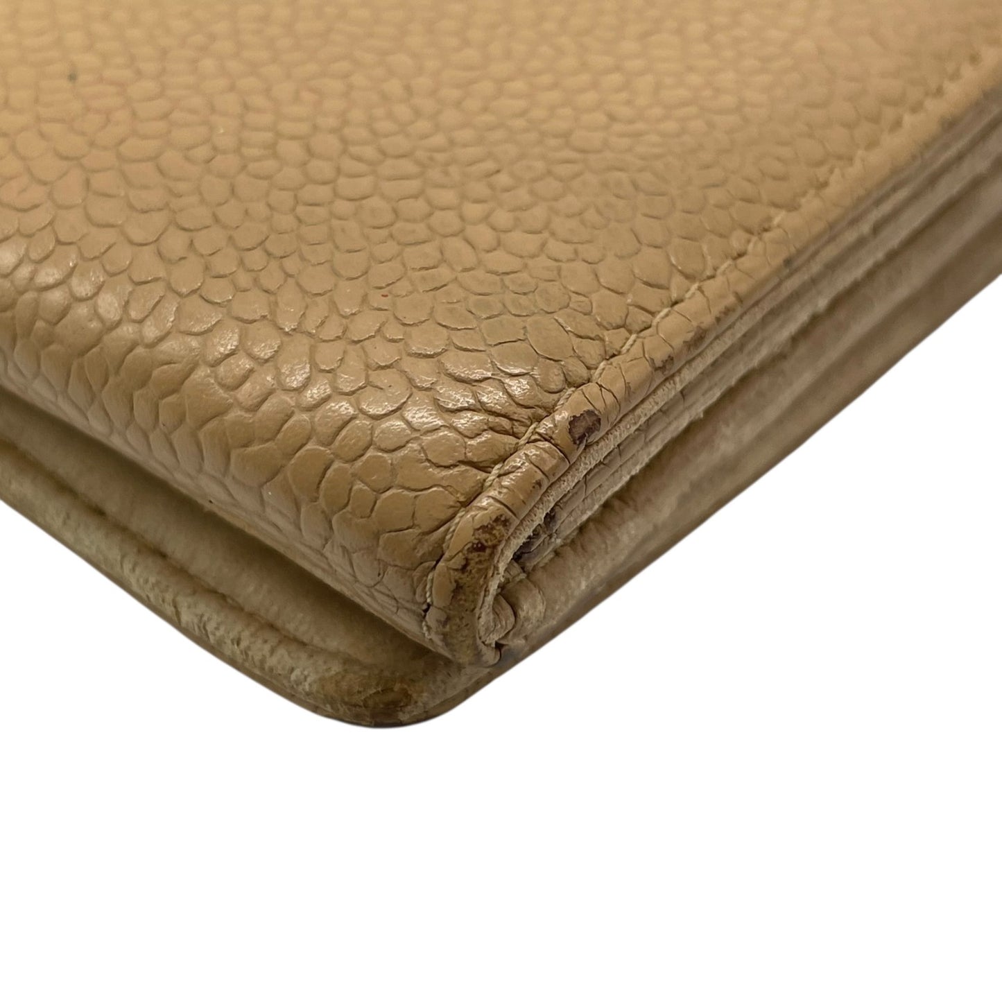 シャネル CHANEL 三つ折り財布 キャビアスキン調 レザー ココマーク 型押し キャメル ゴールド金具 金金具 箱・カード付 シール付 W2