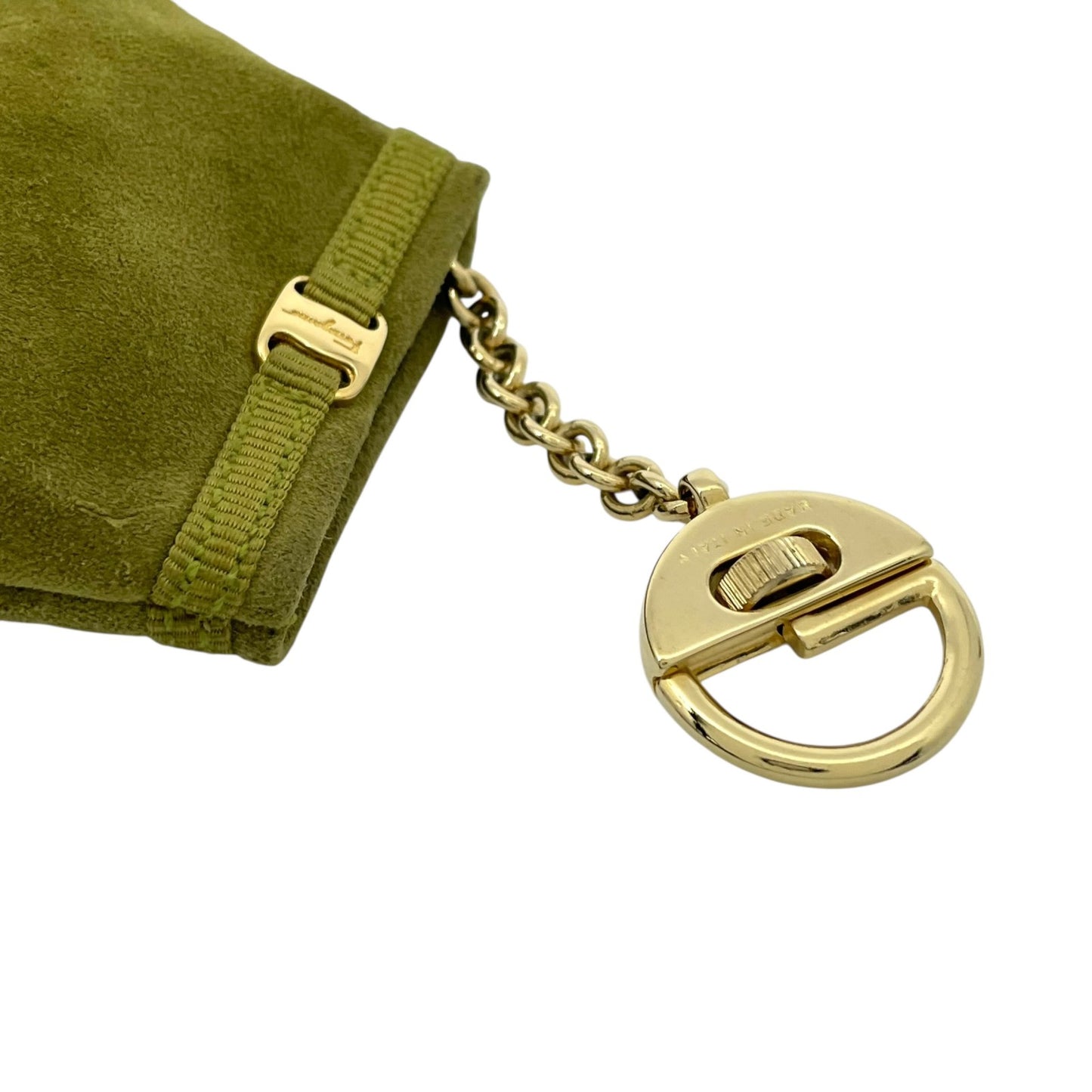 サルヴァトーレフェラガモ Ferragamo ヴァラリボン バッグチャーム キーホルダー コインケース 小物入れ スエード 緑 グリーン ゴールド金具 ボックス付 M3