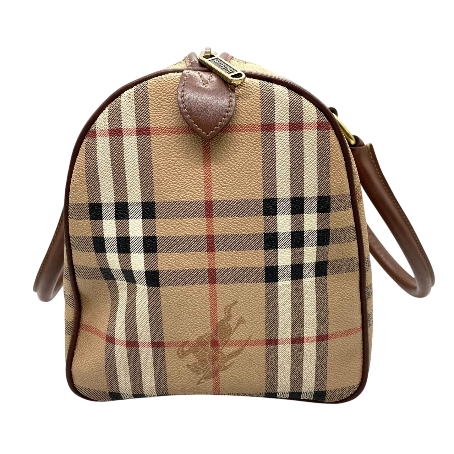 BURBERRY バーバリー ノバチェック シャドーホース ホースロゴ ボストンバッグ 茶 ブラウン ベージュ PVC レザー ゴールド金具 手提げ ヴィンテージ メンズ レディース E