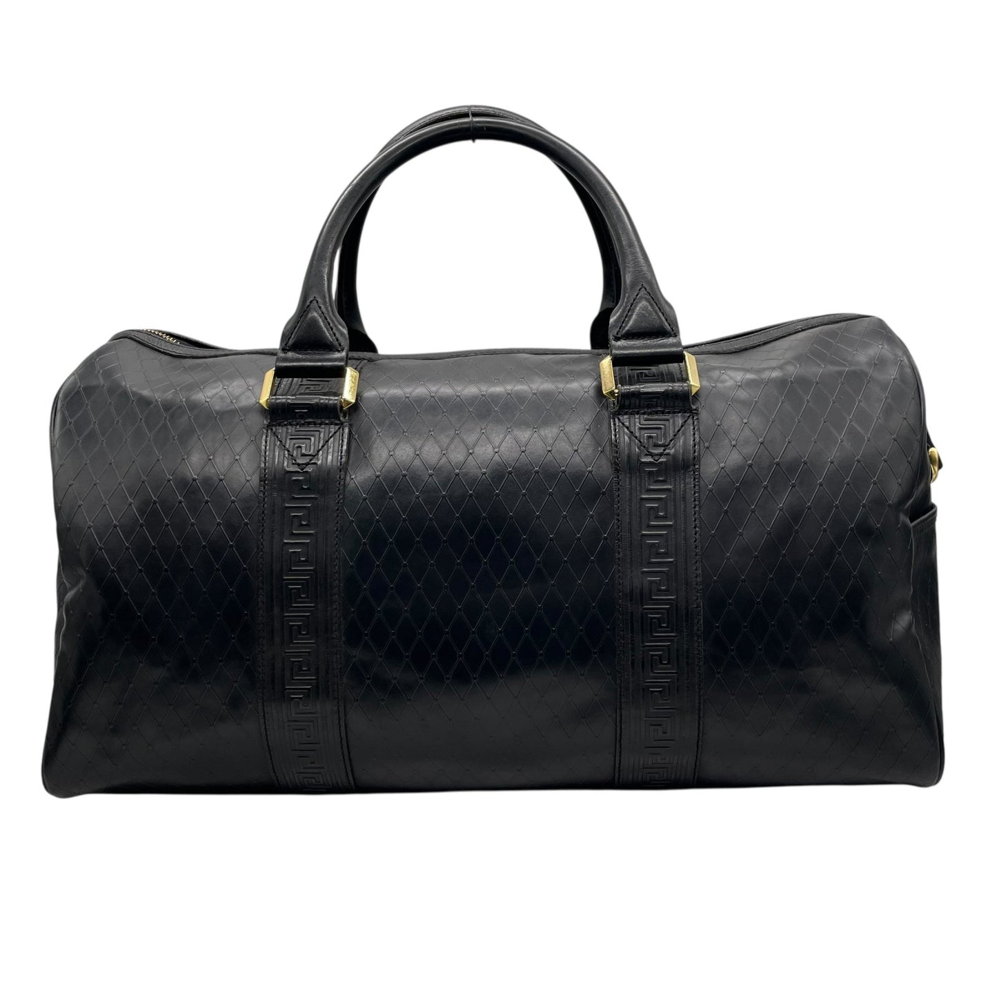 希少 美品 GIANNI VERSACE ジャンニヴェルサーチ ボストンバッグ 2way ショルダーバッグ ブラック レザー サンバースト グレカ ユニセックス トラベルバッグ 旅行鞄 ゴールド金具 高級感 C