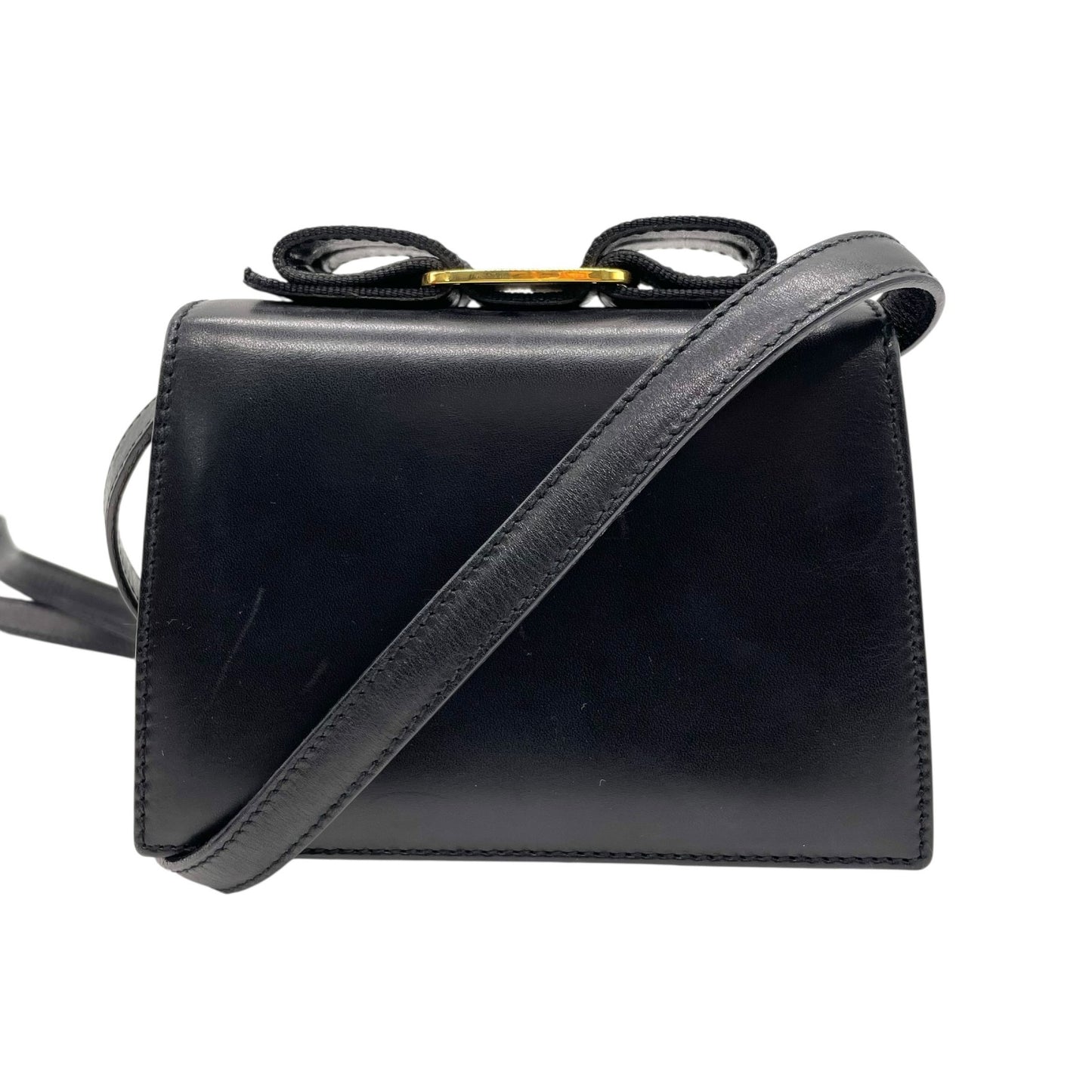 美品 Salvatore Ferragamo フェラガモ ショルダーバッグ ミニバッグ ヴァラリボン 黒 ブラック ゴールド金具 レザー アクセサリーポーチ マイクロミニ レディース R