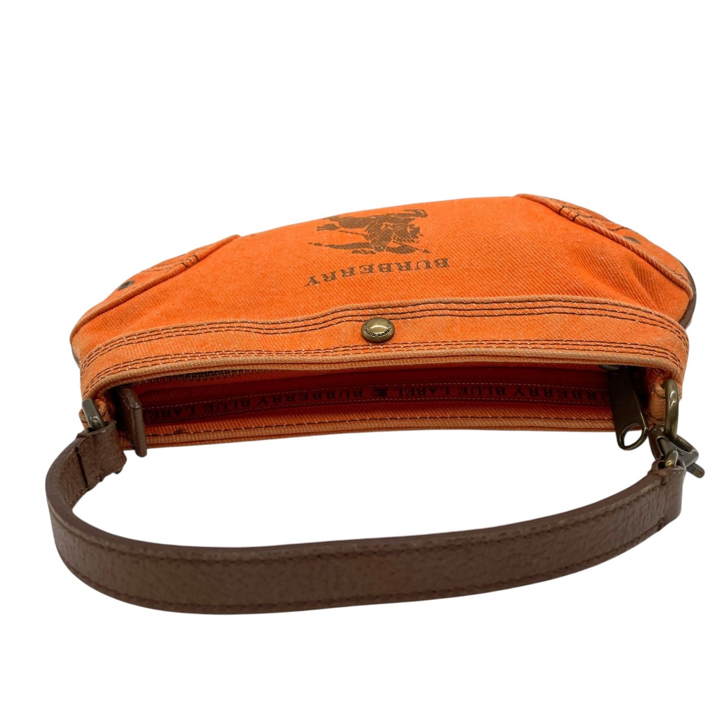 BURBERRY BLUE LABEL バーバリーブルーレーベル アクセサリーポーチ ミニハンドバッグ ホースロゴ オレンジ 茶 ブラウン キャンバス レザー ゴールド金具 Y2K レディース U9