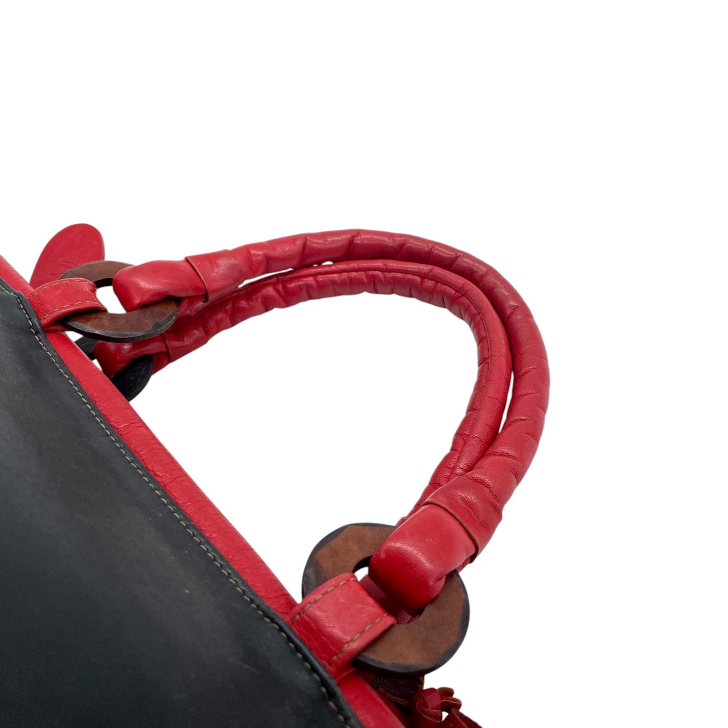 イビザ IBIZA レザーハンドバッグ バイカラー レッド×ブラック 赤 黒 木製リングデザイン レディース S68