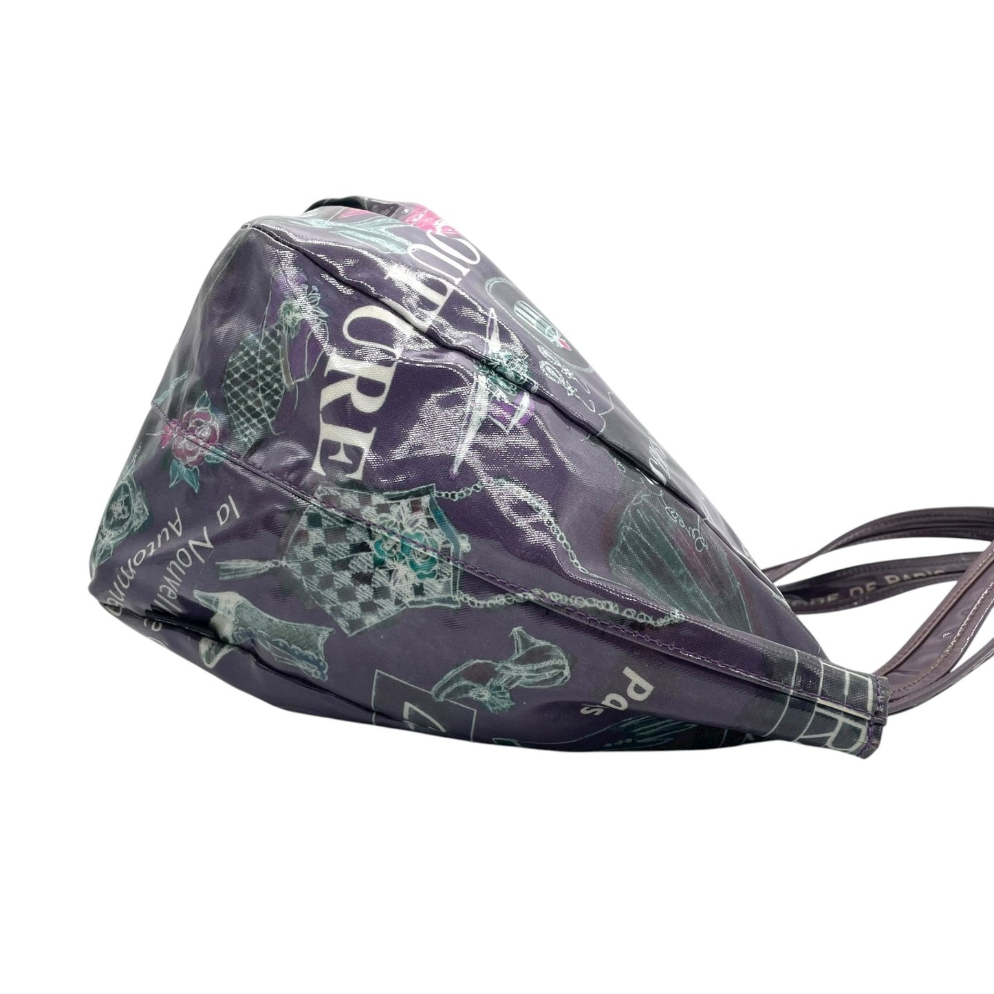 シンクビー Think Bee! ハンドバッグ トートバッグ パリ柄 エッフェル塔 ロゴ プリント 光沢 黒 ブラック レディース S90