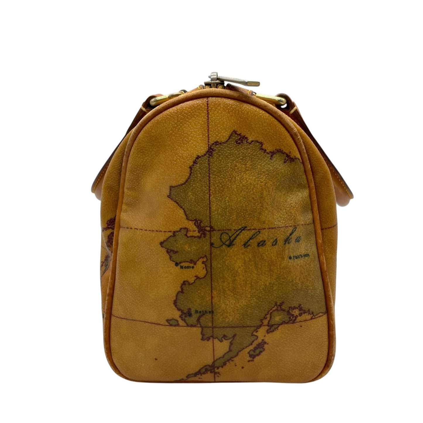 プリマクラッセ PRIMA CLASSE 地図柄 ボストンバッグ ミニボストン 2WAY PVC レザー ショルダー付き 茶色 ブラウン T4