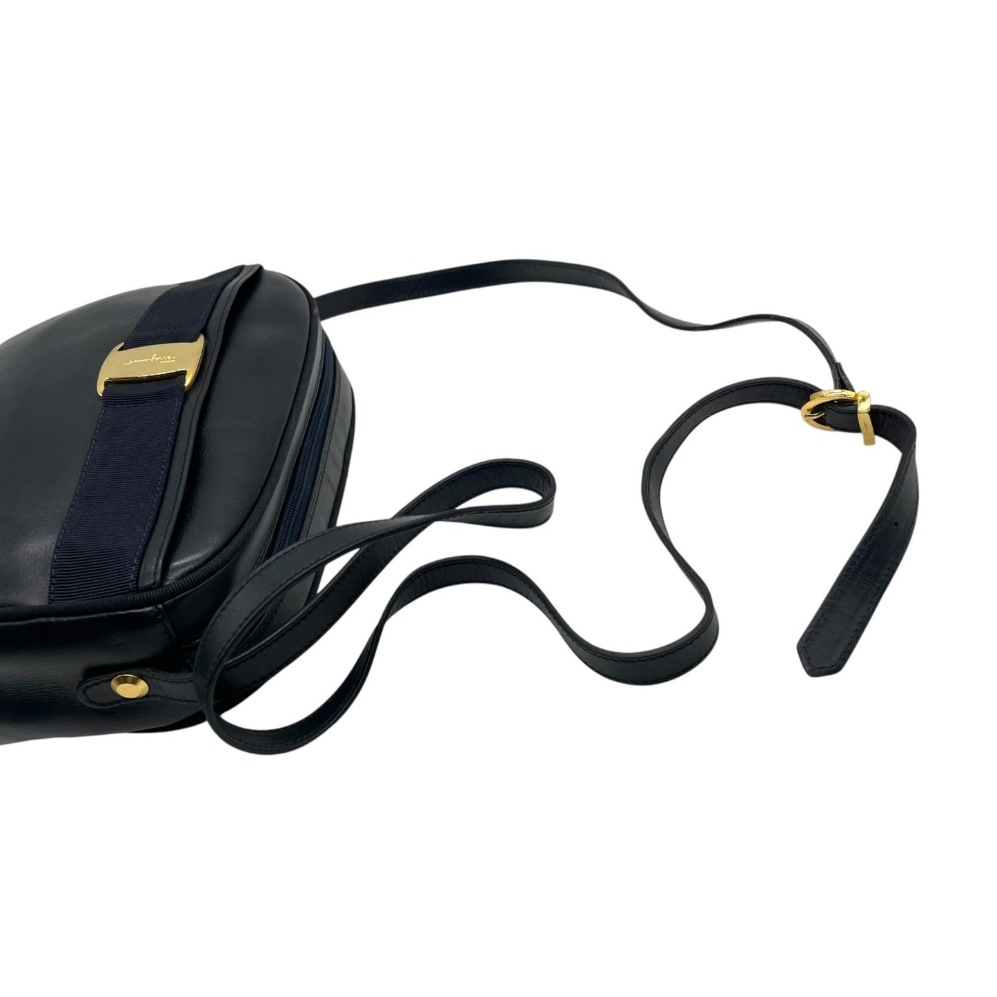 美品 サルヴァトーレ フェラガモ Salvatore Ferragamo ヴァラリボン ショルダーバッグ 紺 ネイビー レザー ゴールド金具 レディース B3